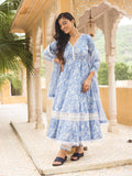 Powder Blue Cotton Printed Anarkali Suit With Laces