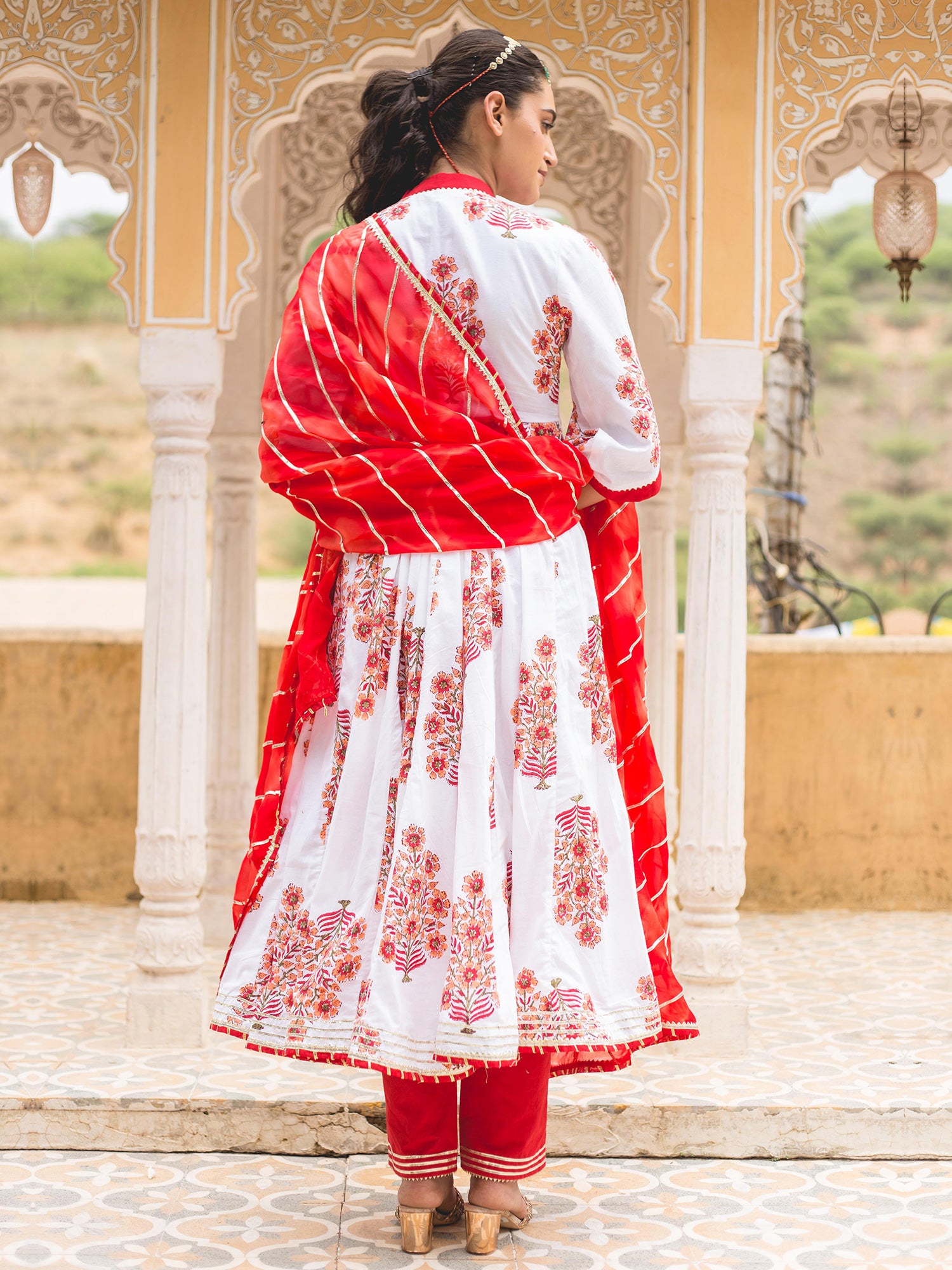 White Hand Block Print Cotton Anarkali Style Suit Set