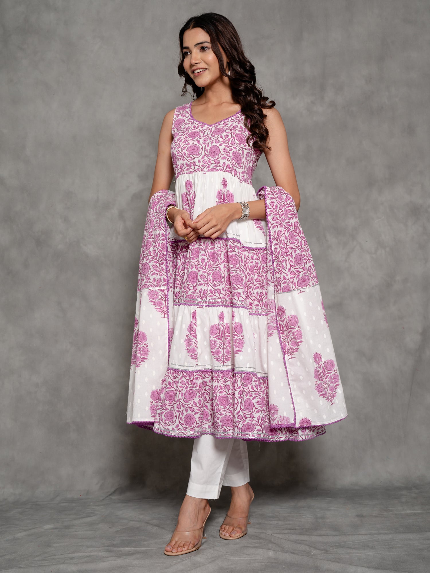 Purple Cotton Printed Anarkali Suit With Gota Work