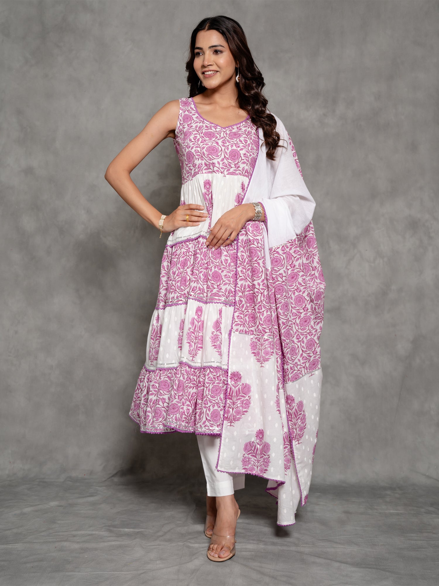 Purple Cotton Printed Anarkali Suit With Gota Work