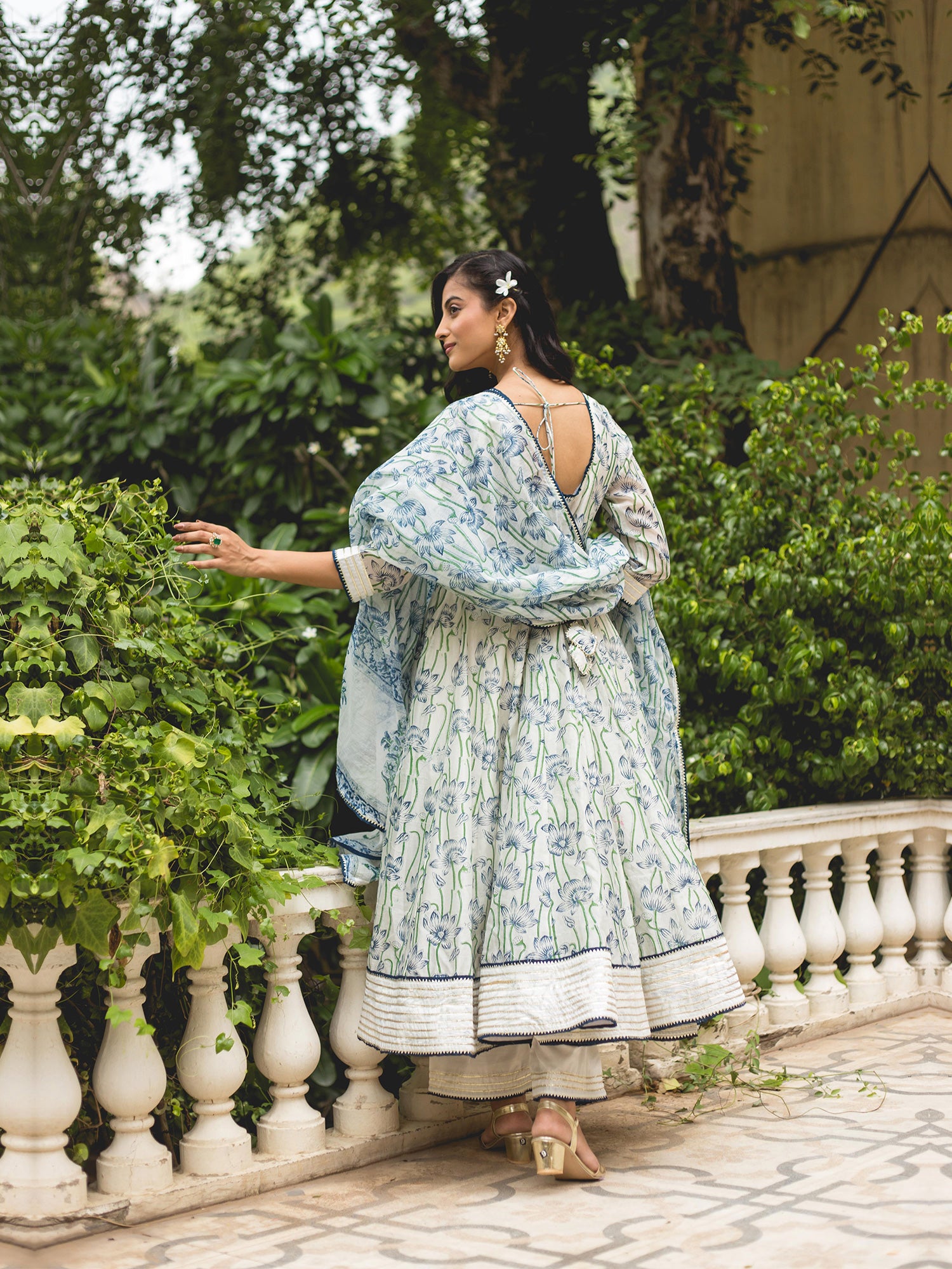 White Hand Block Printed Gota Work Anarkali Suit