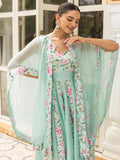 Sea Green Muslin Printed Cape Style Anarkali Suit Set