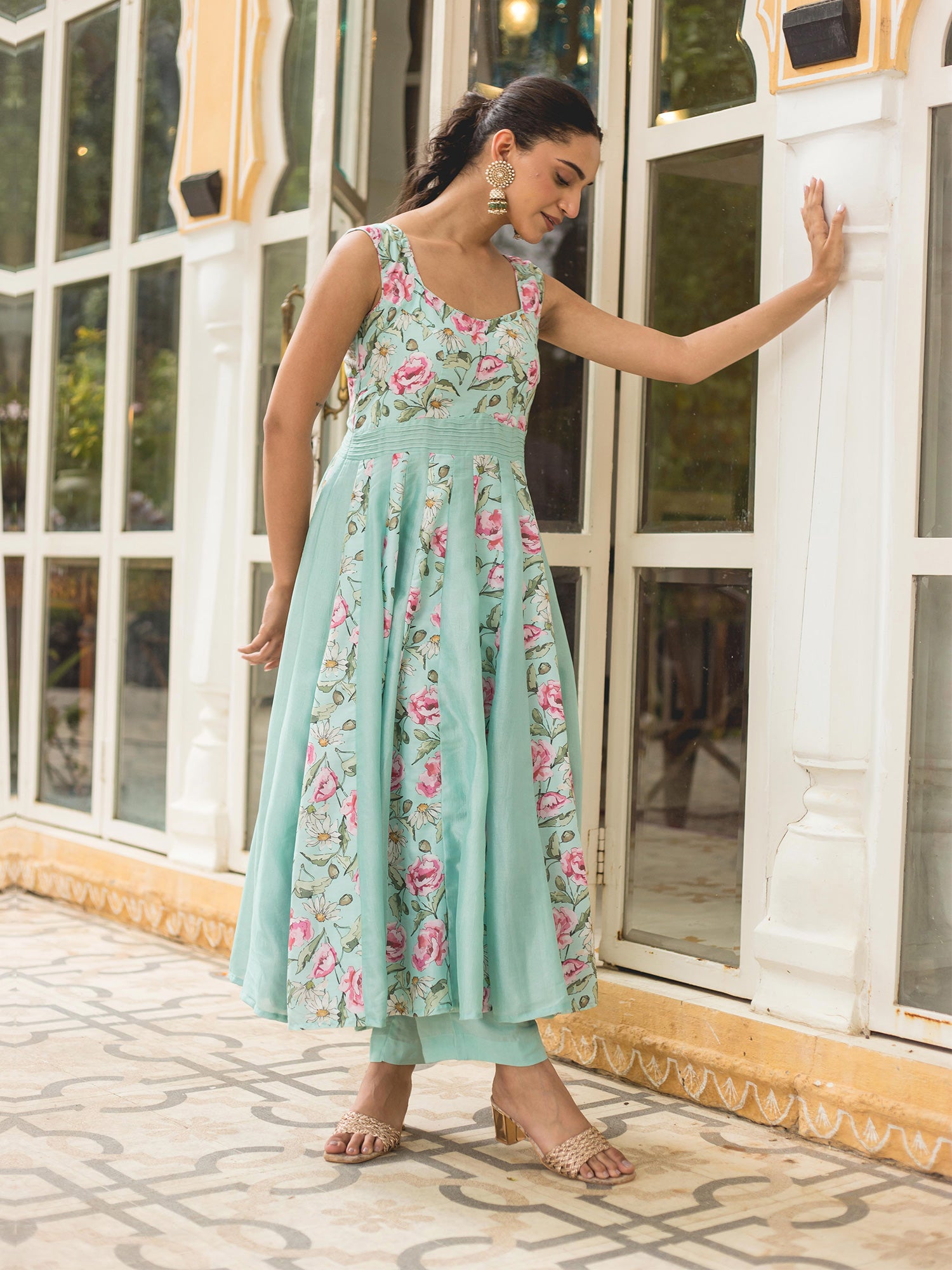 Sea Green Muslin Printed Cape Style Anarkali Suit Set