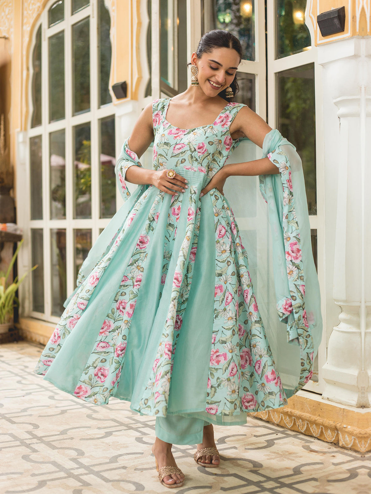 Sea Green Muslin Printed Cape Style Anarkali Suit Set