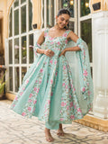 Sea Green Muslin Printed Cape Style Anarkali Suit Set