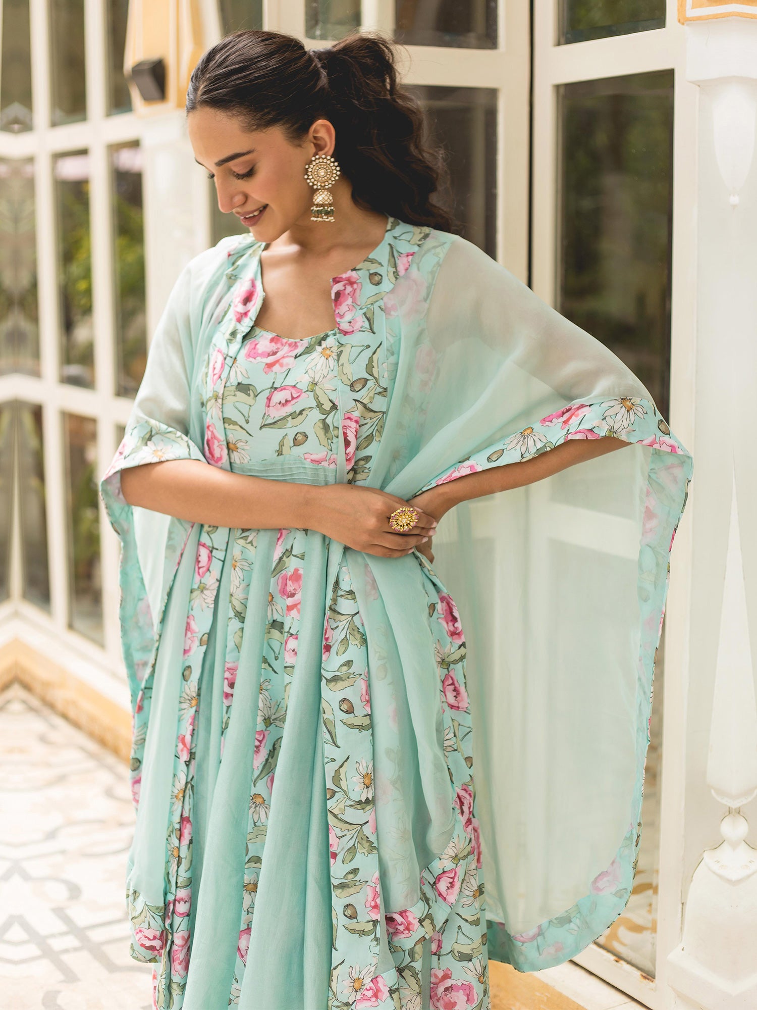 Sea Green Muslin Printed Cape Style Anarkali Suit Set