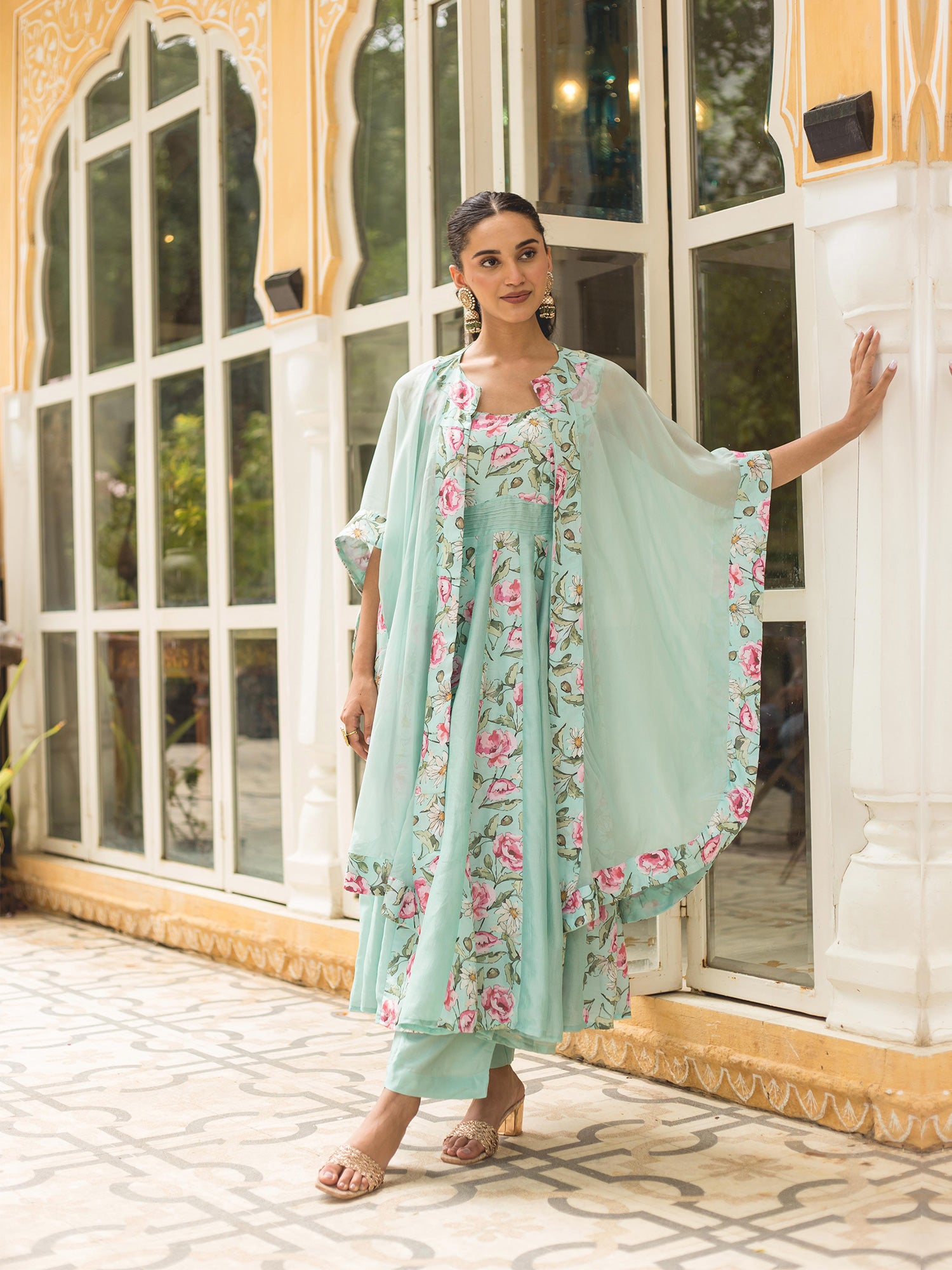 Sea Green Muslin Printed Cape Style Anarkali Suit Set