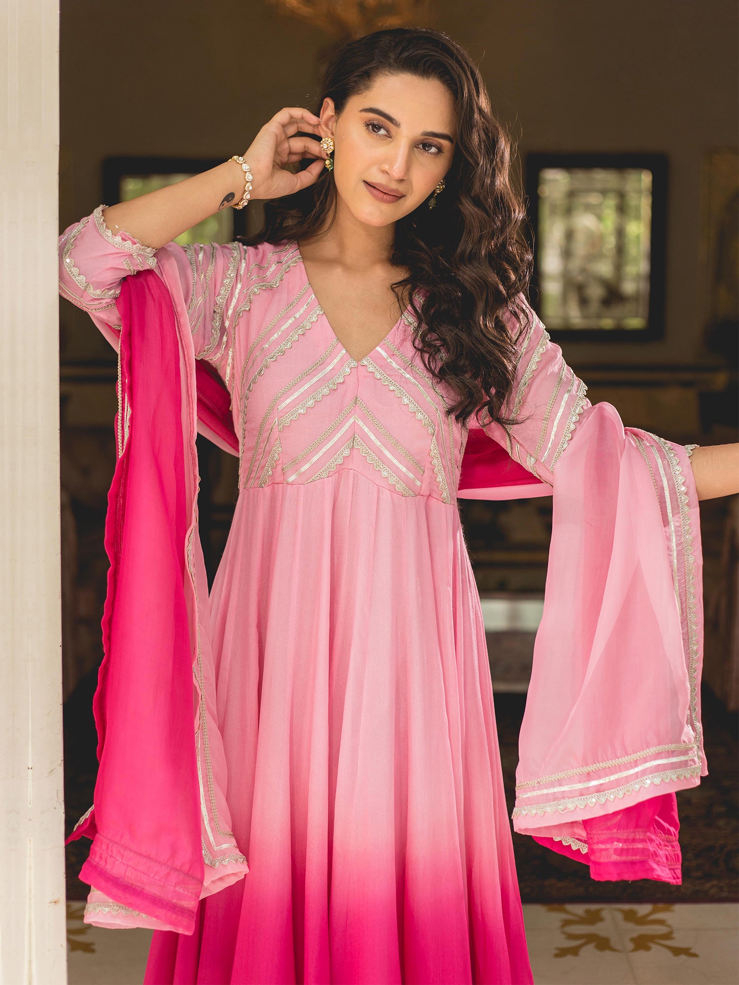 Pink Shaded Gota Work Anarkali Suit Set