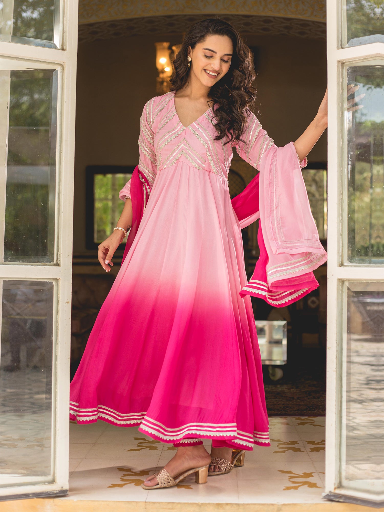 Pink Shaded Gota Work Anarkali Suit Set