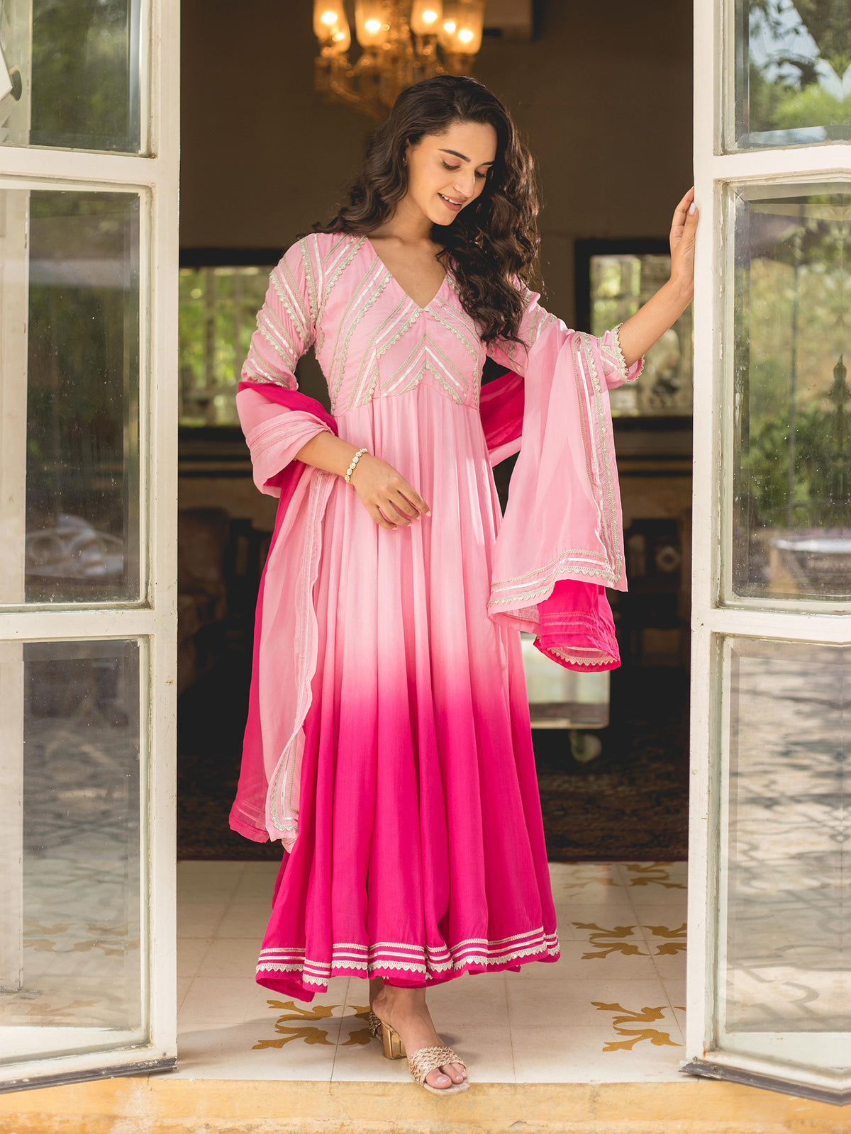 Pink Shaded Gota Work Anarkali Suit Set