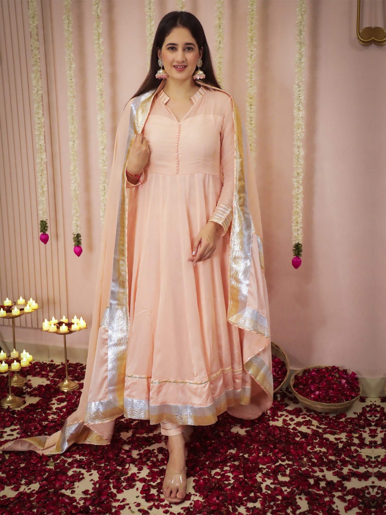 Crayola Peach Anarkali Suit In Organza Satin