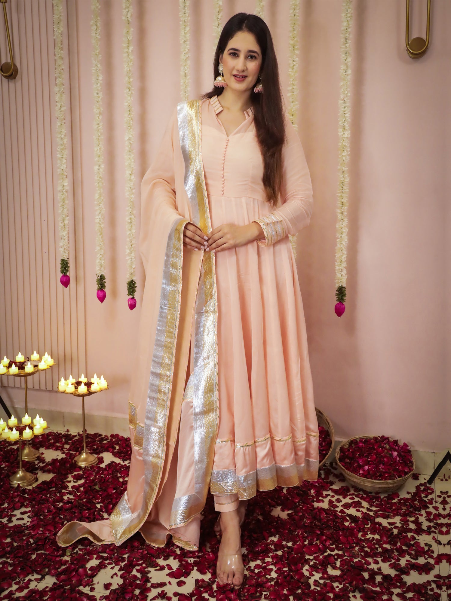 Crayola Peach Anarkali Suit In Organza Satin