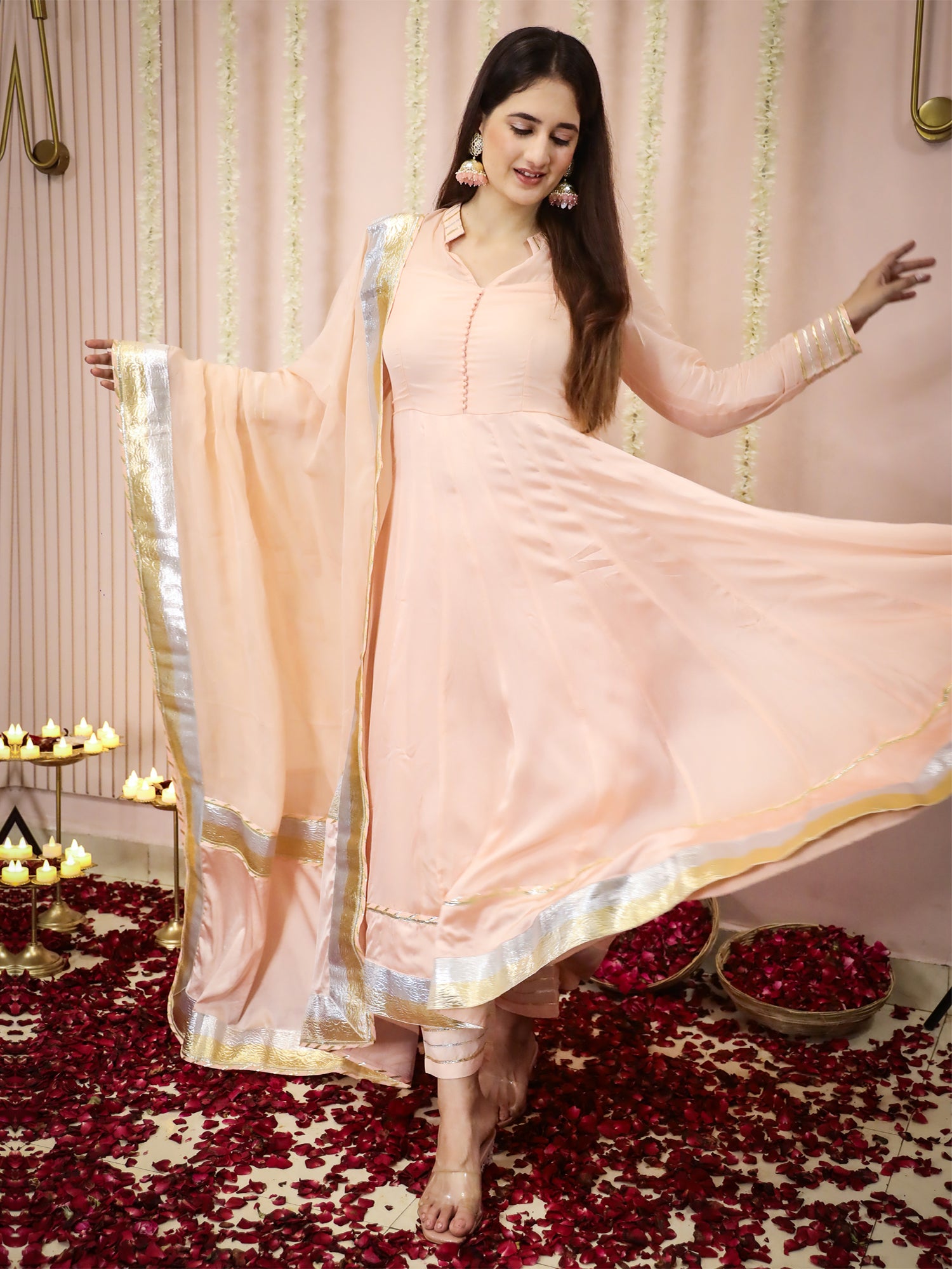 Crayola Peach Anarkali Suit In Organza Satin