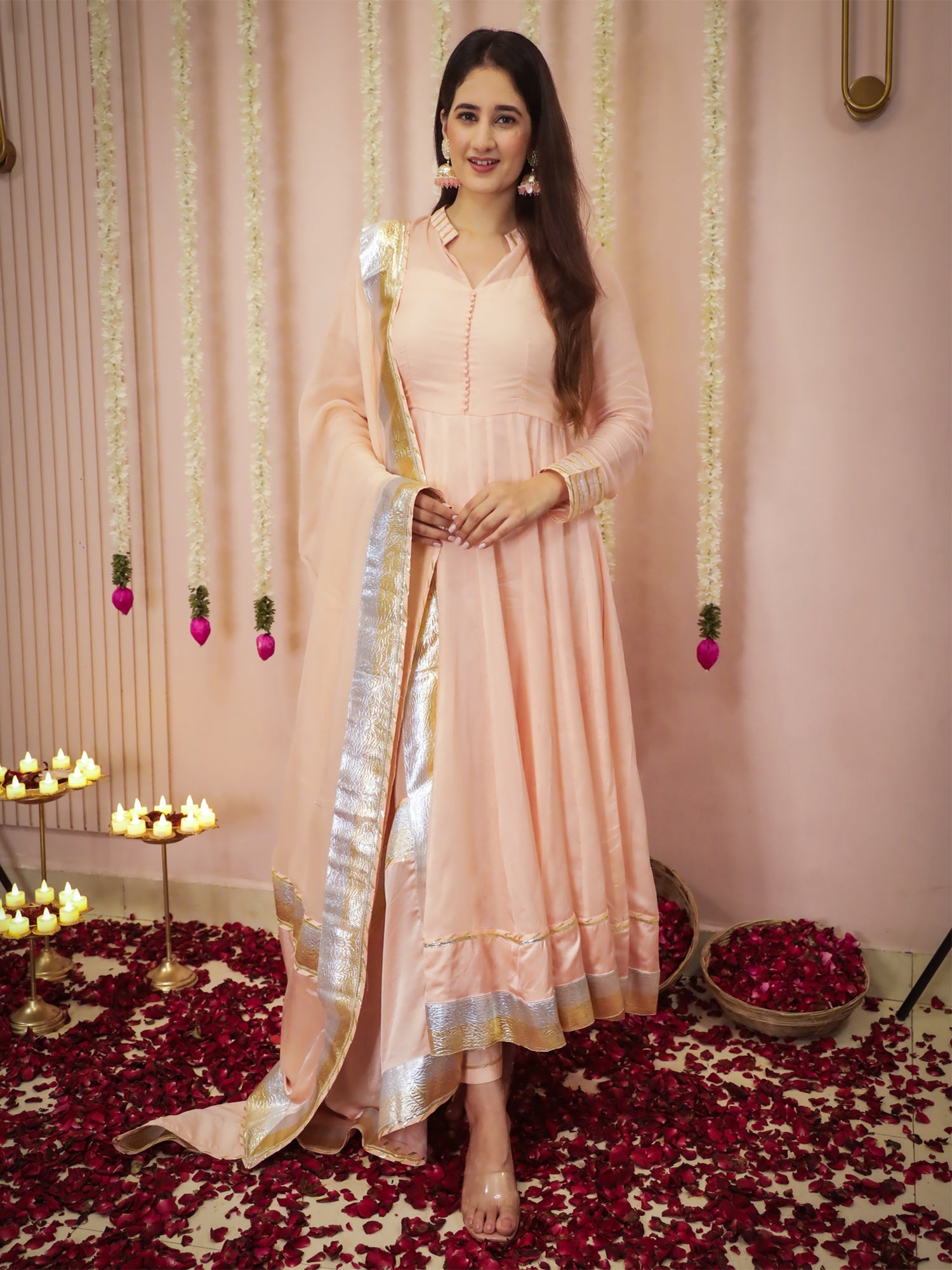 Crayola Peach Anarkali Suit In Organza Satin