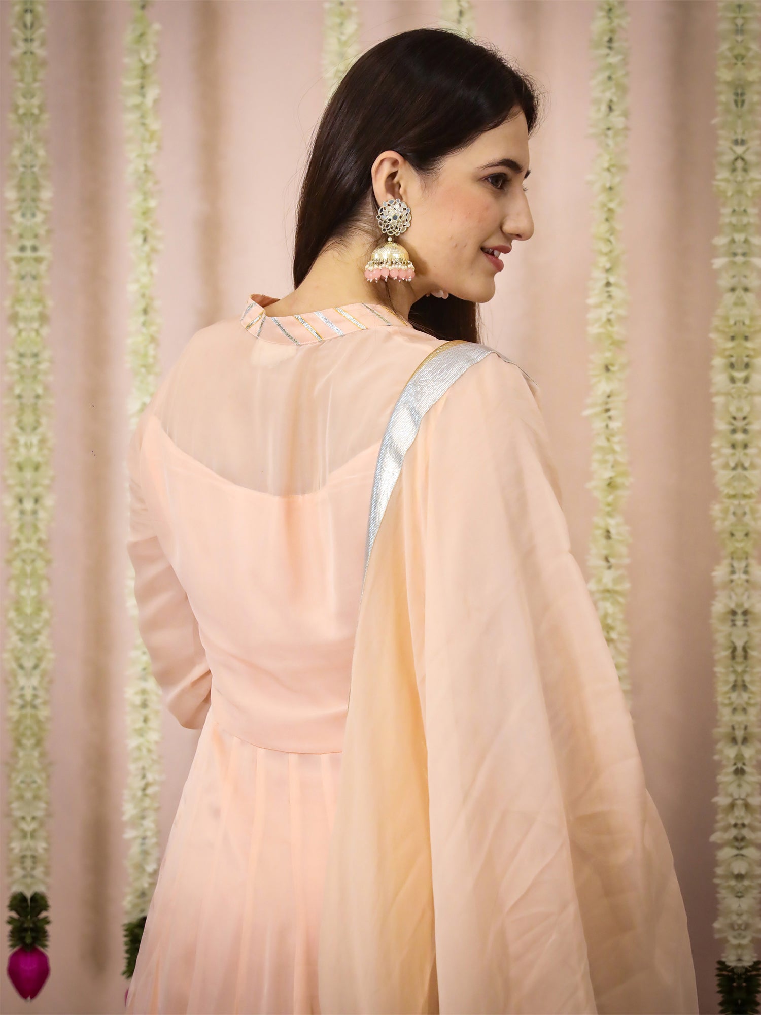 Crayola Peach Anarkali Suit In Organza Satin