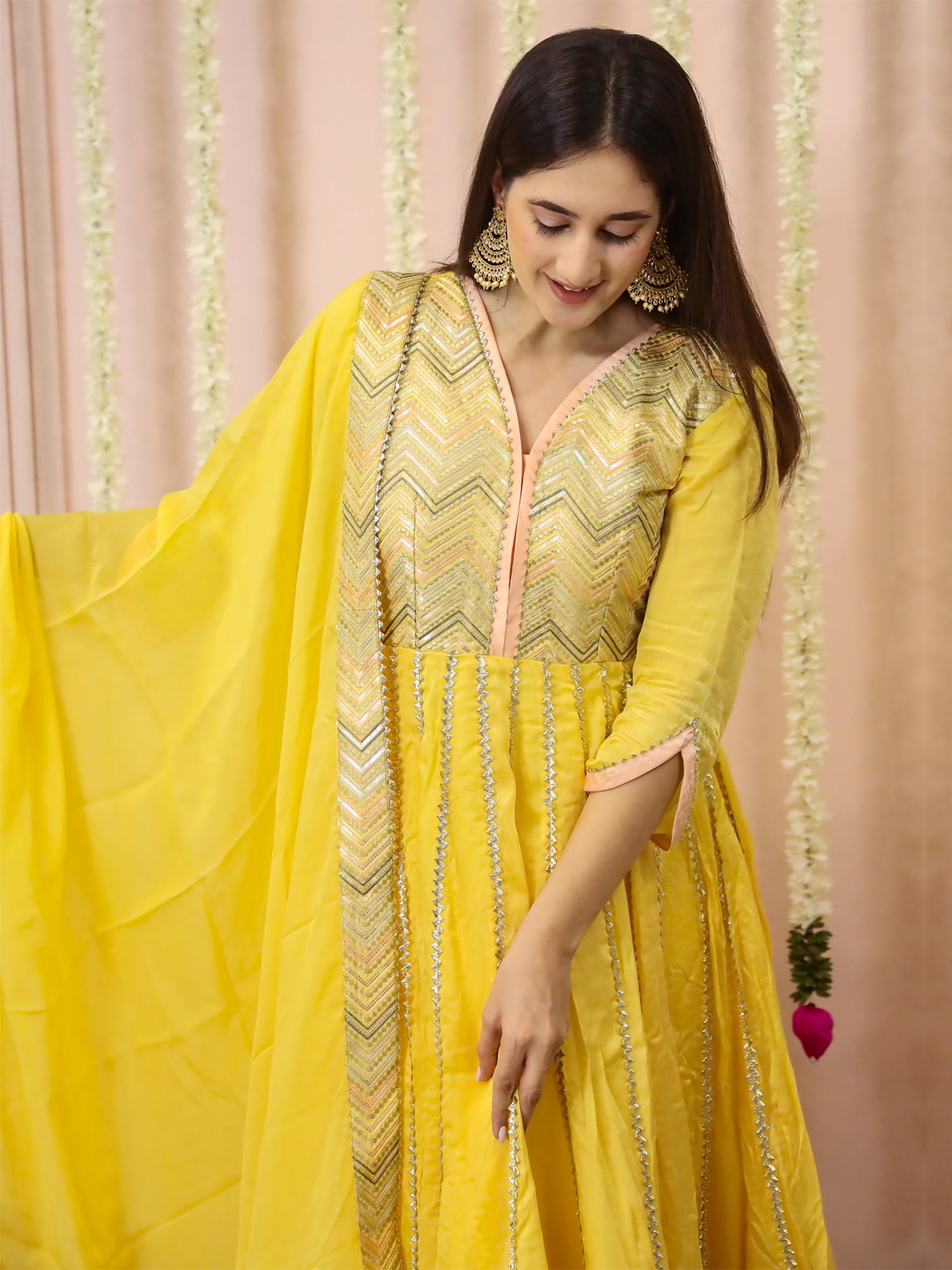 Yellow Thread Work Anarkali Suit With Dupatta