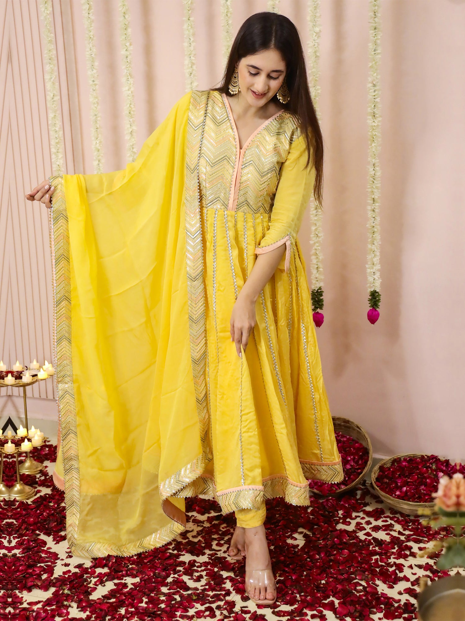 Yellow Thread Work Anarkali Suit With Dupatta