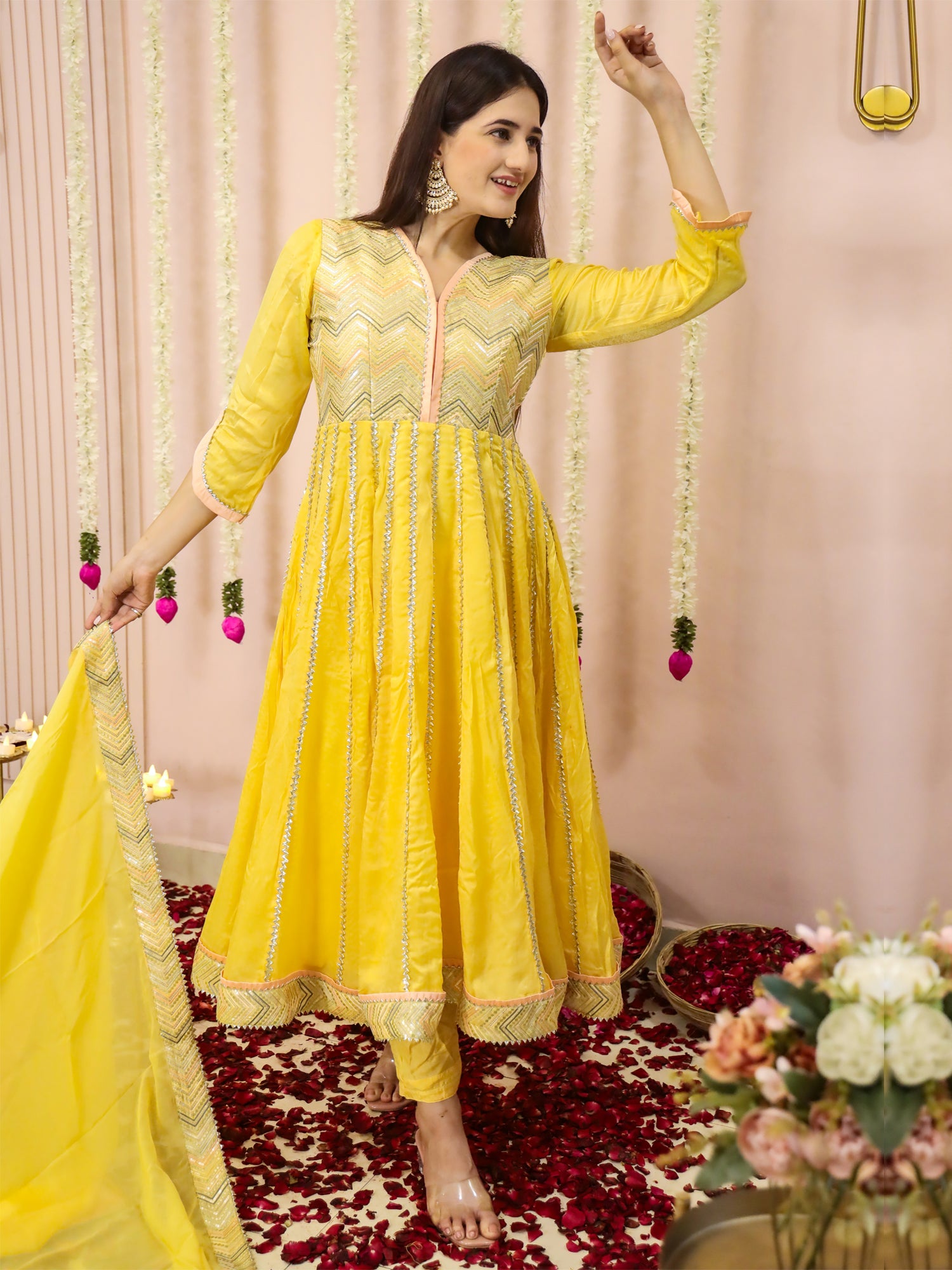 Yellow Thread Work Anarkali Suit With Dupatta