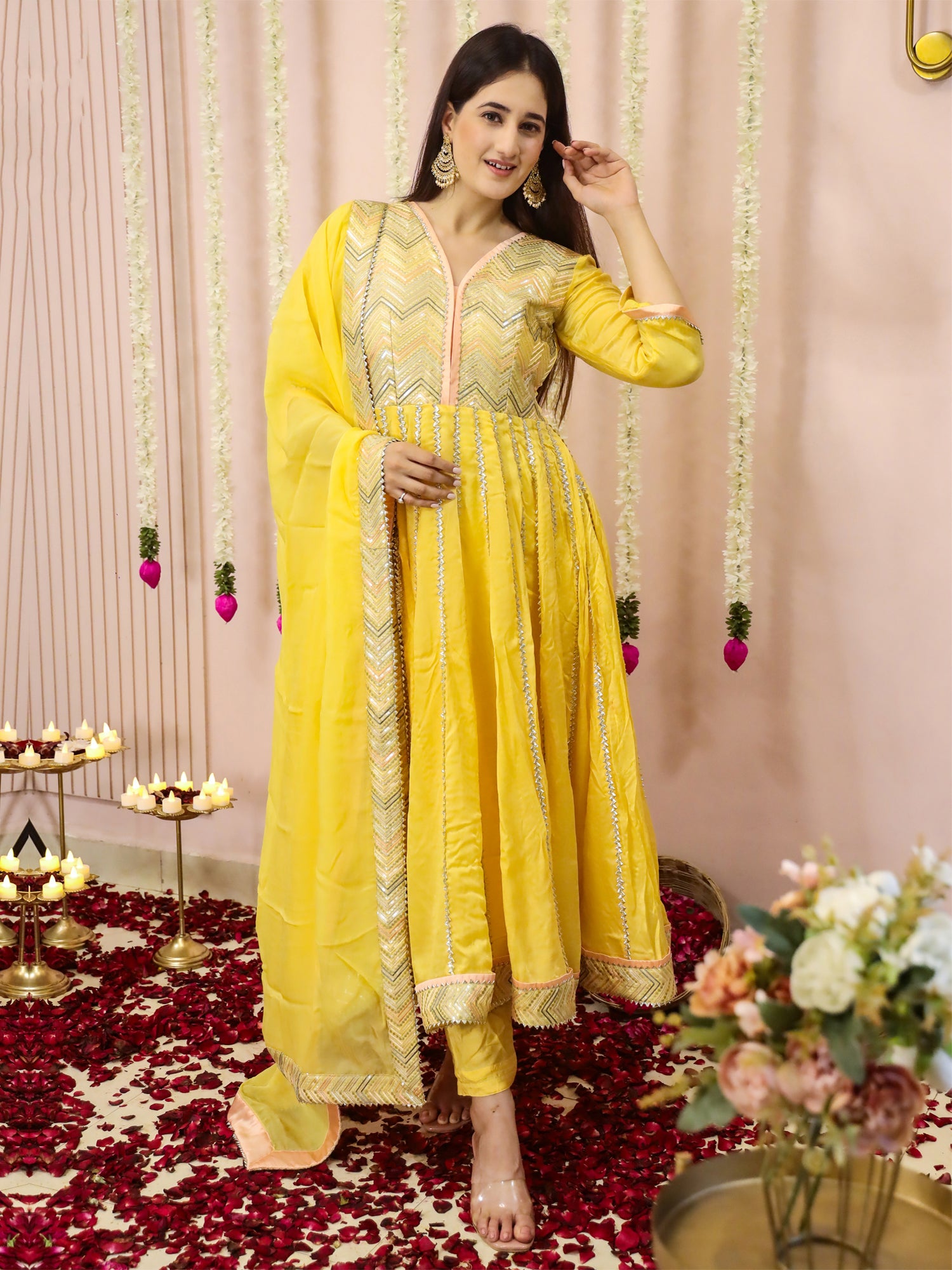 Yellow Thread Work Anarkali Suit With Dupatta