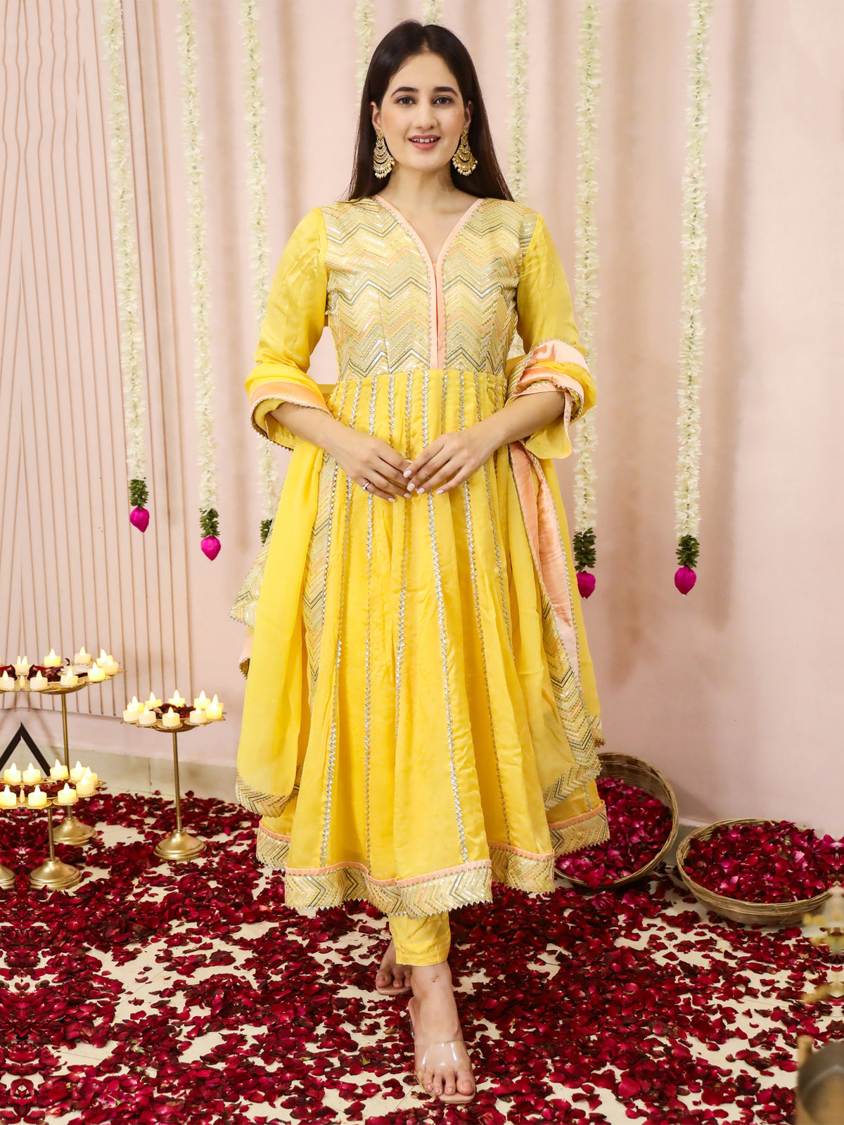 Yellow Thread Work Anarkali Suit With Dupatta