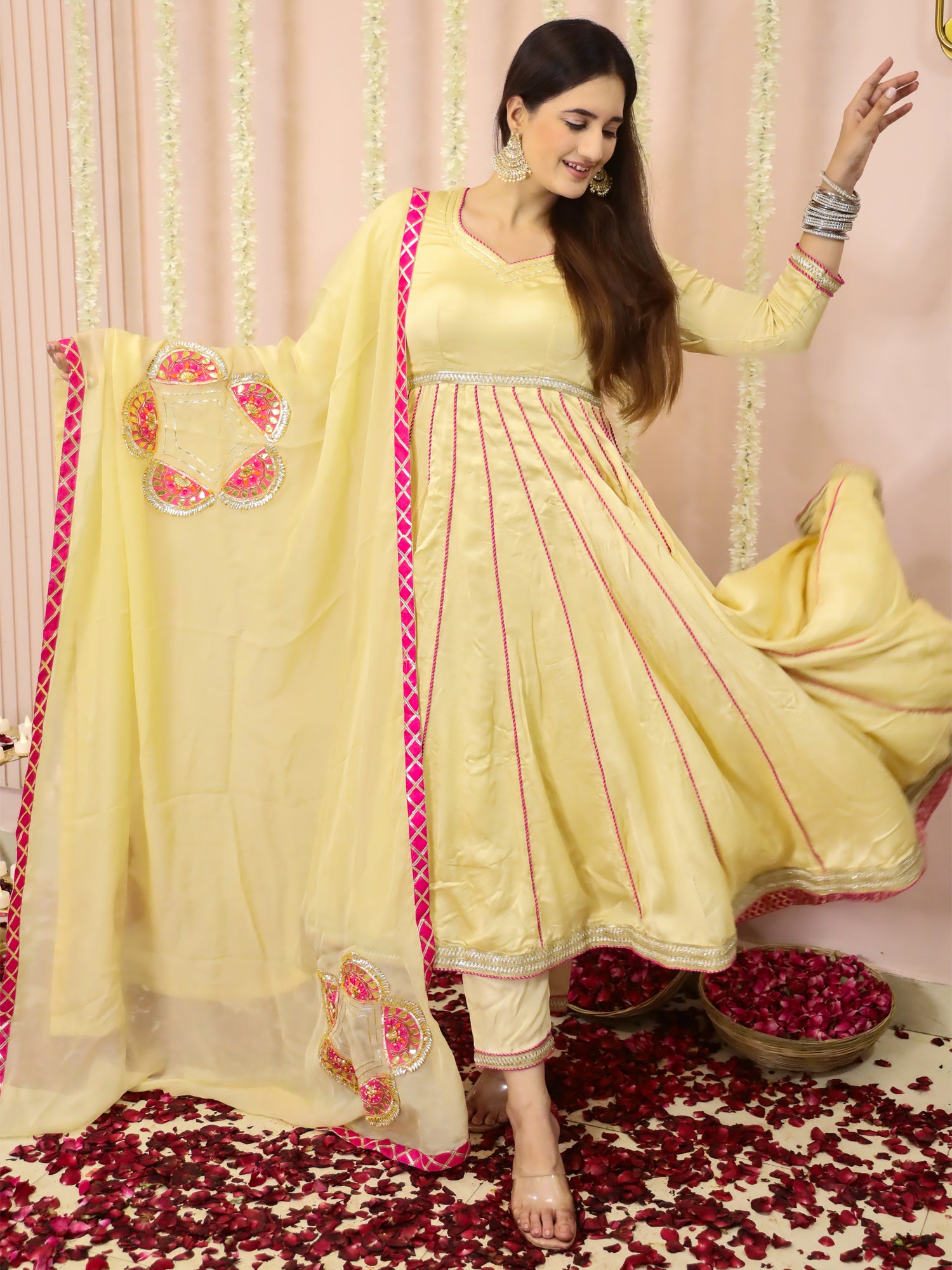 Cream Organza Satin Anarkali Suit Set