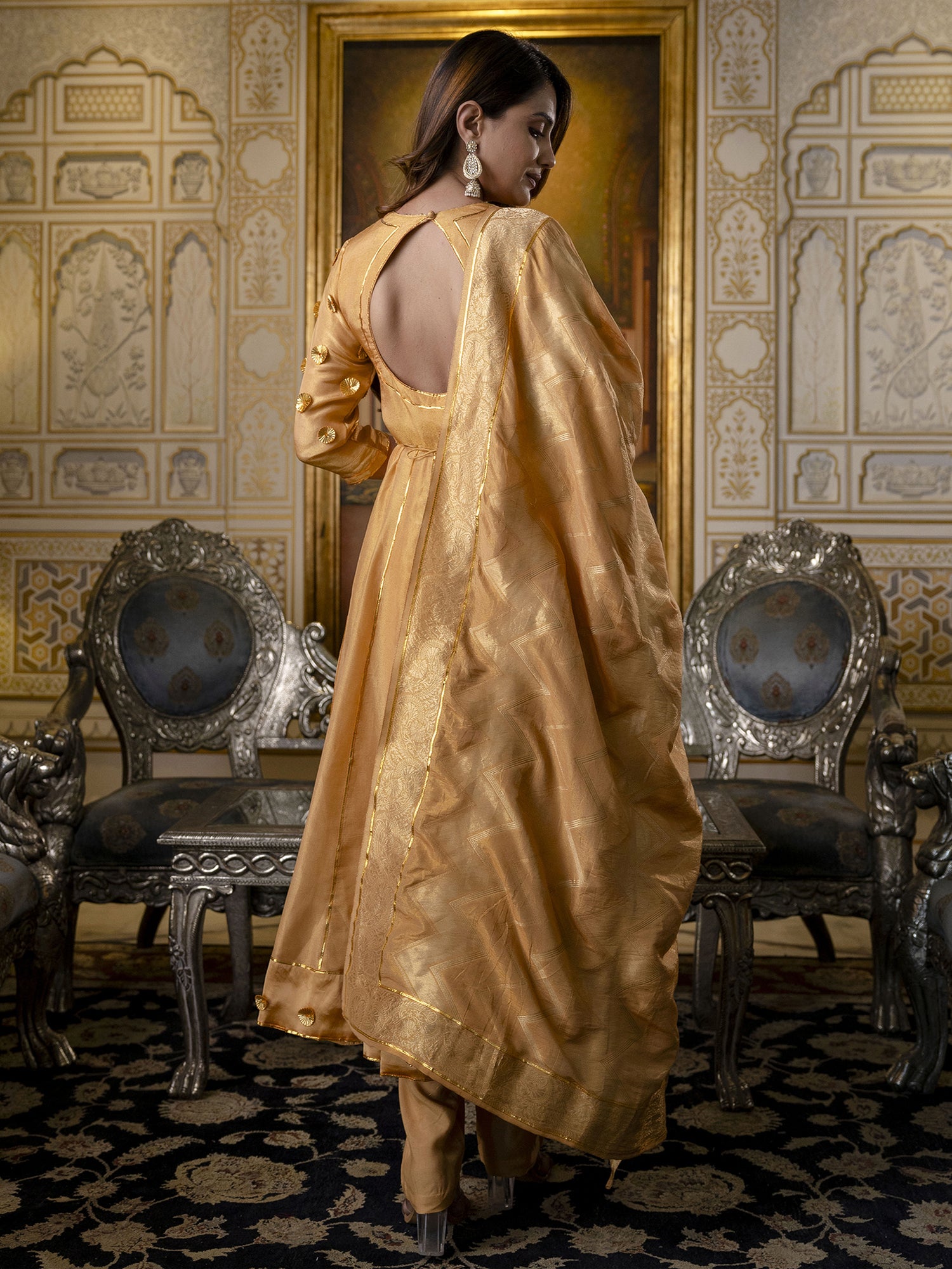 Golden Anarkali Suit Set In Tissue Silk