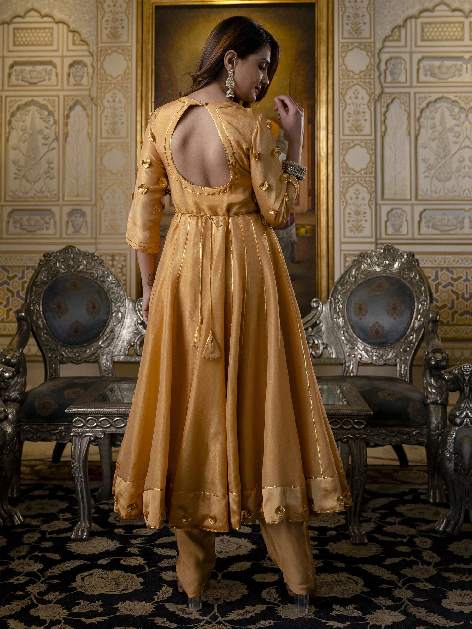 Golden Anarkali Suit Set In Tissue Silk