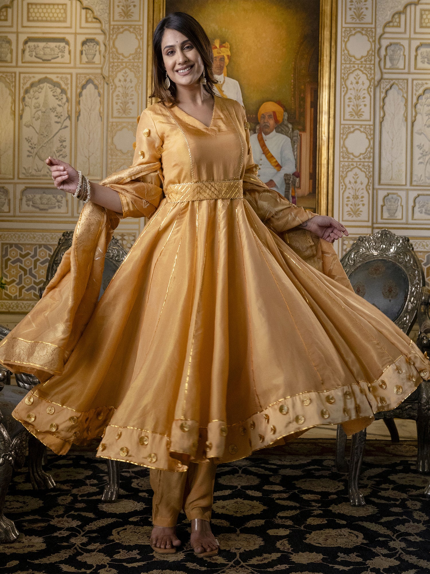 Golden Anarkali Suit Set In Tissue Silk