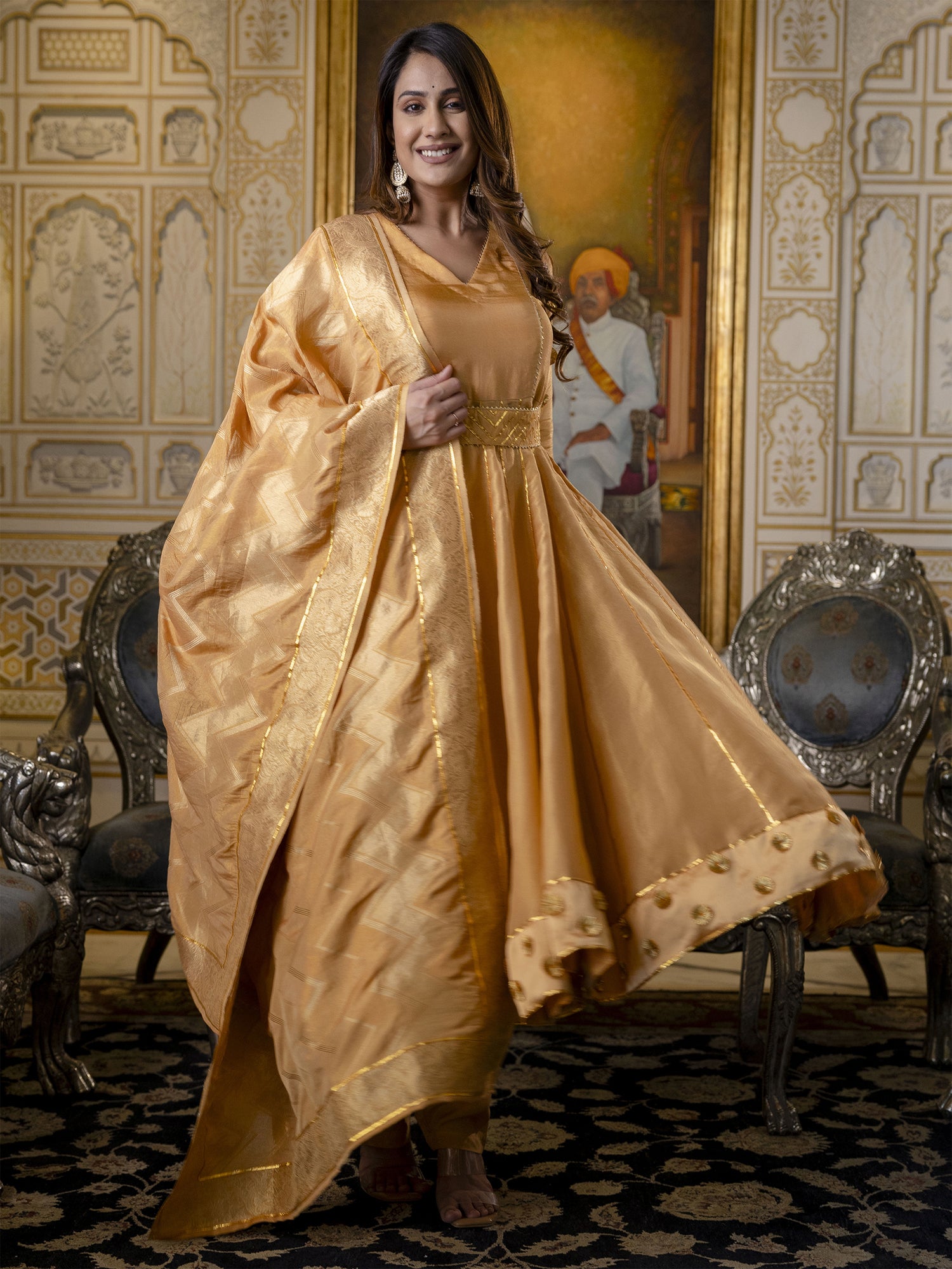 Golden Anarkali Suit Set In Tissue Silk