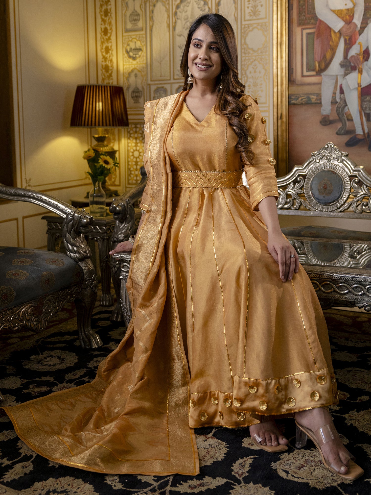 Golden Anarkali Suit Set In Tissue Silk