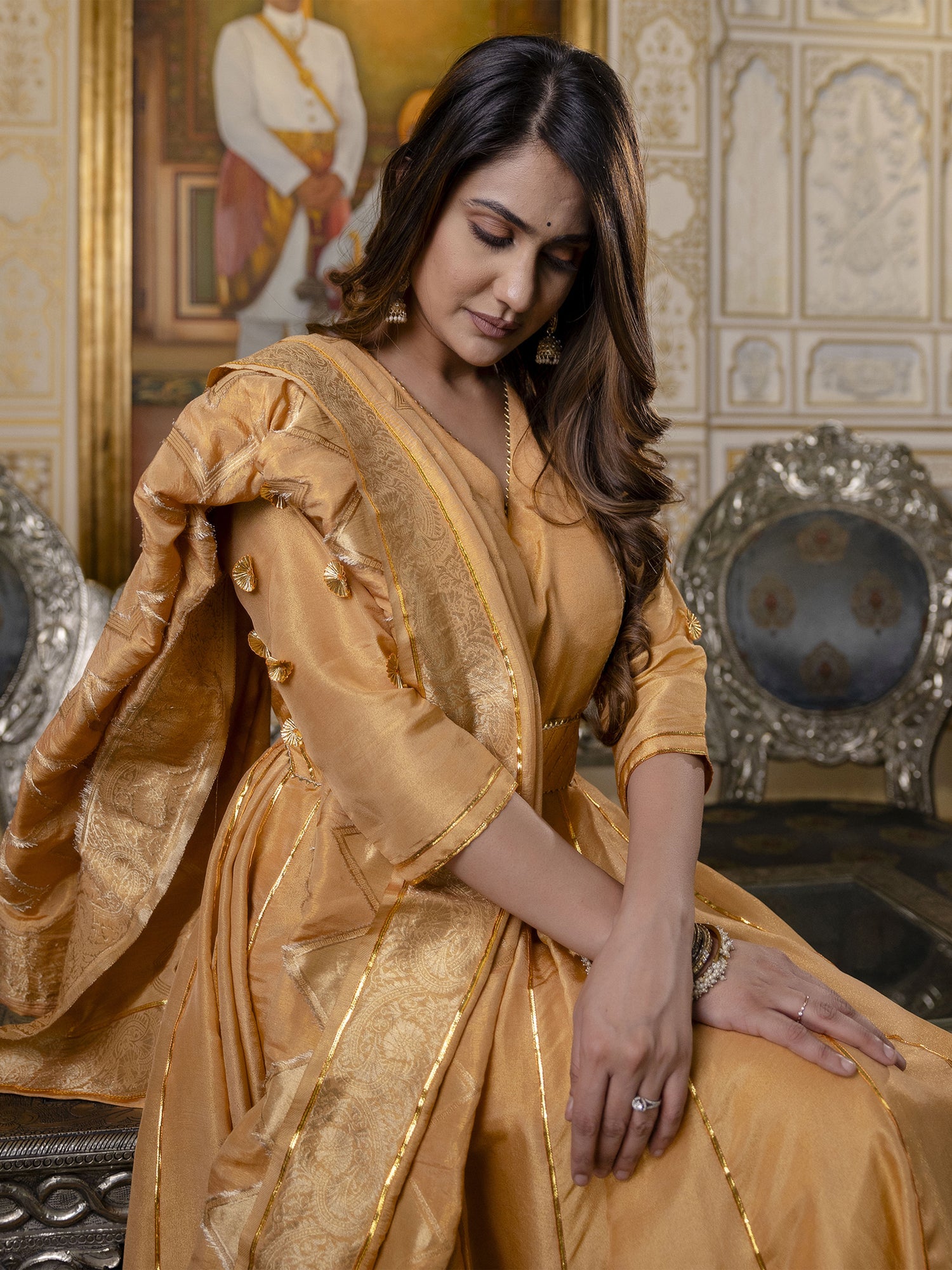 Golden Anarkali Suit Set In Tissue Silk