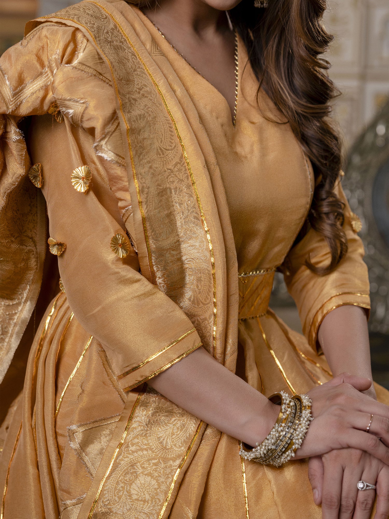 Golden Anarkali Suit Set In Tissue Silk