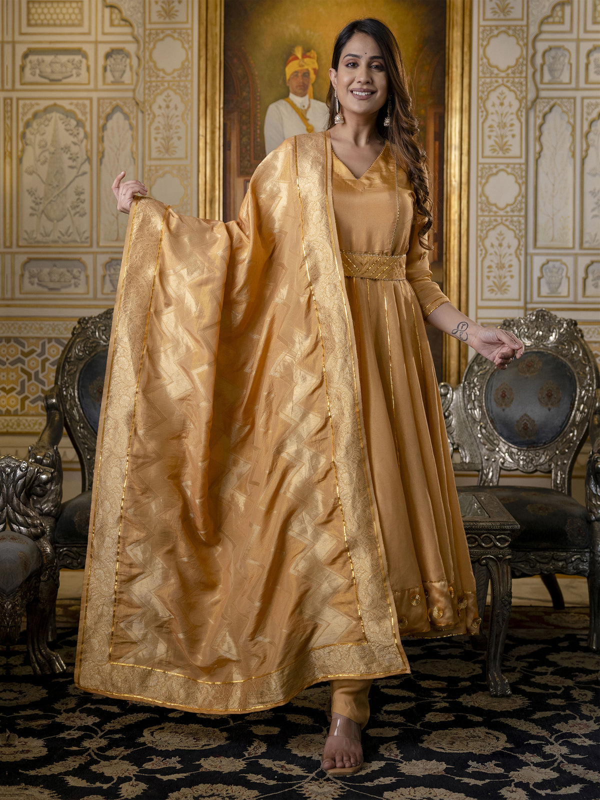 Golden Anarkali Suit Set In Tissue Silk