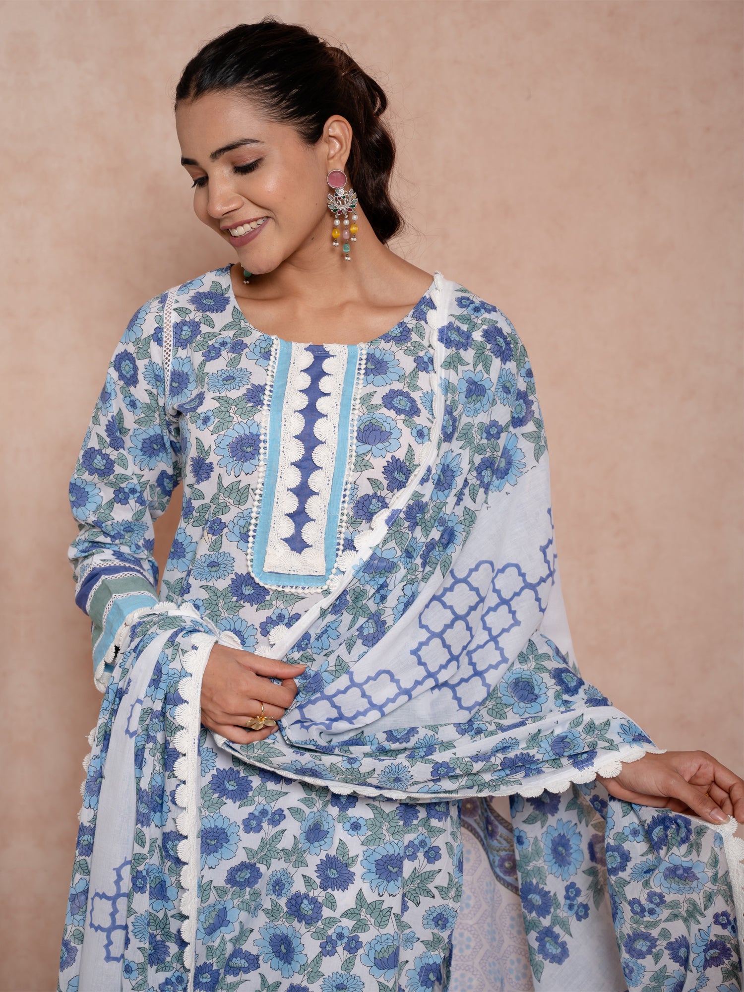 Blue Color Block Printed Cotton Suit Set