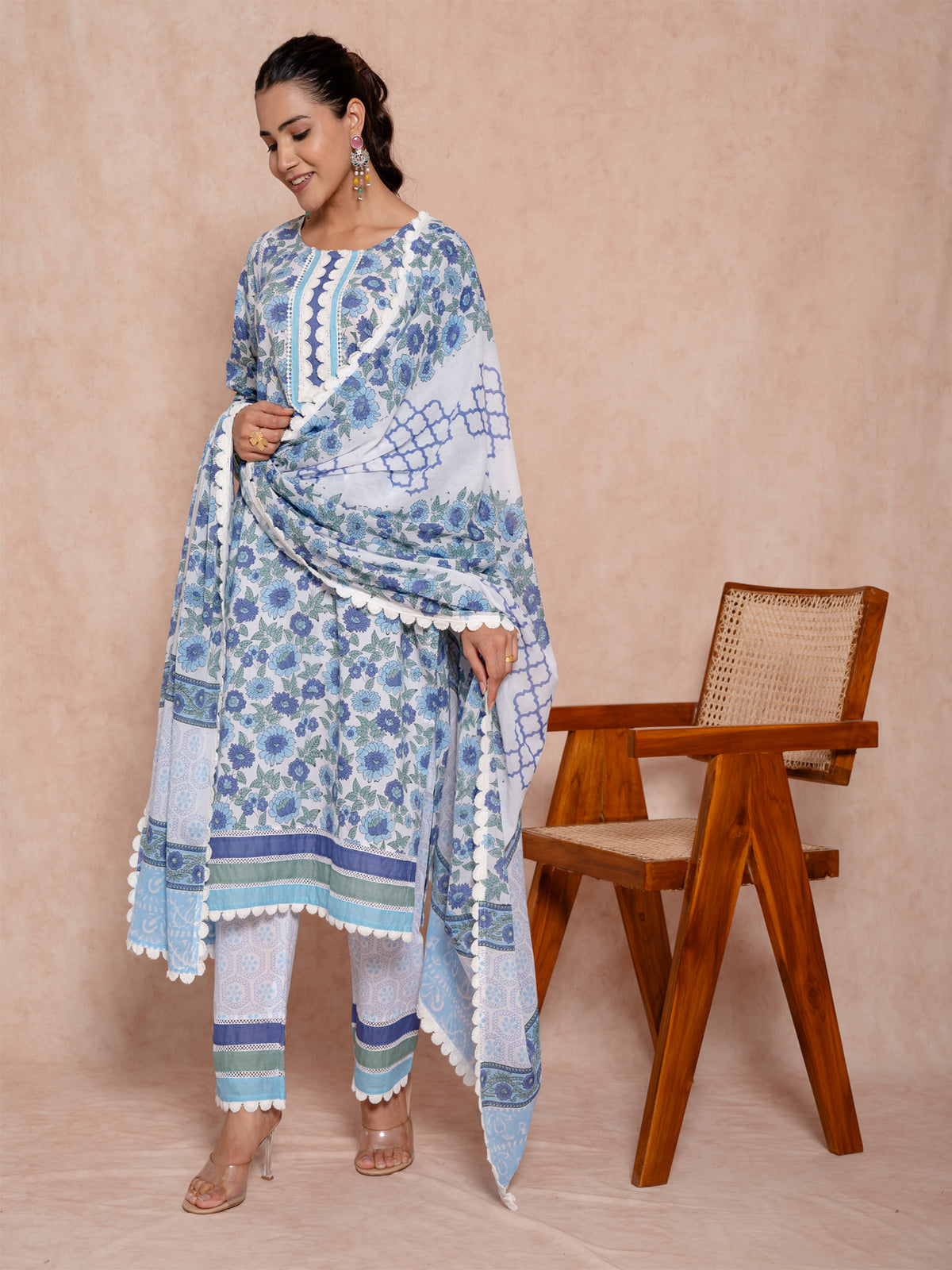 Blue Color Block Printed Cotton Suit Set