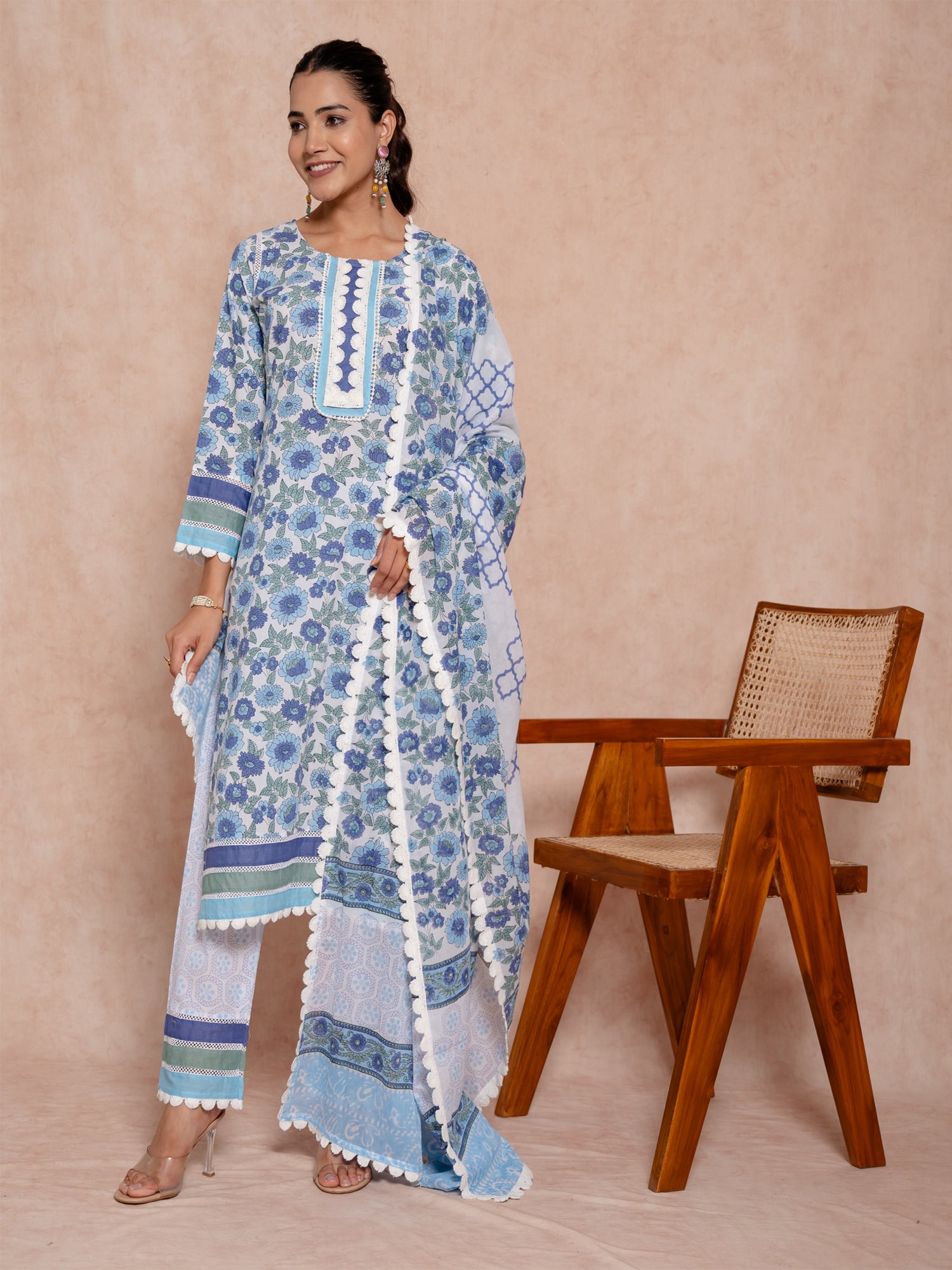 Blue Color Block Printed Cotton Suit Set