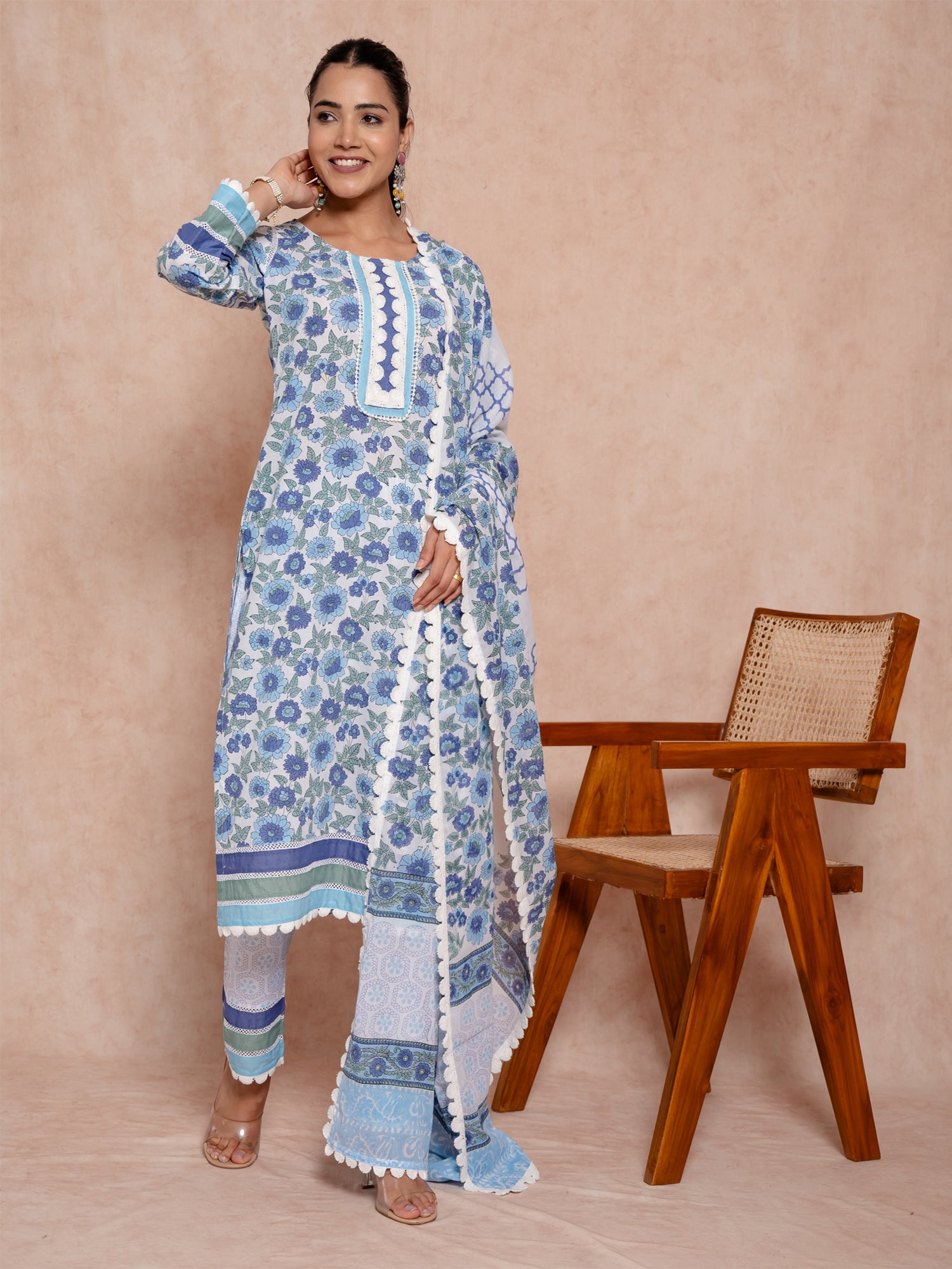 Blue Color Block Printed Cotton Suit Set