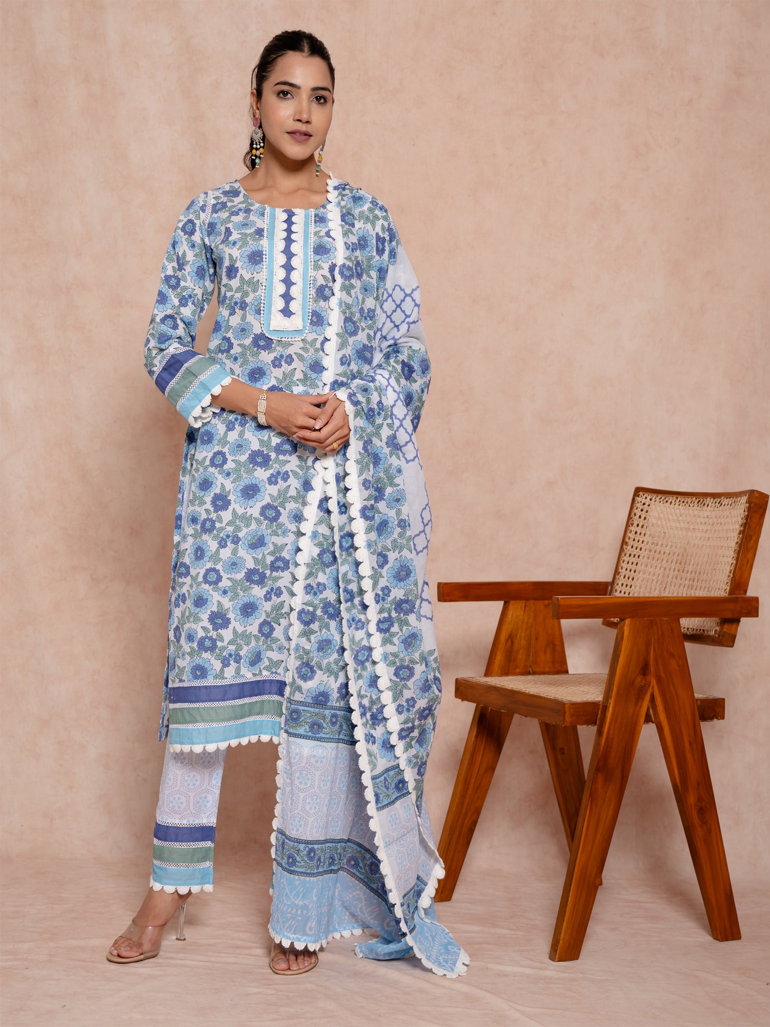 Blue Color Block Printed Cotton Suit Set