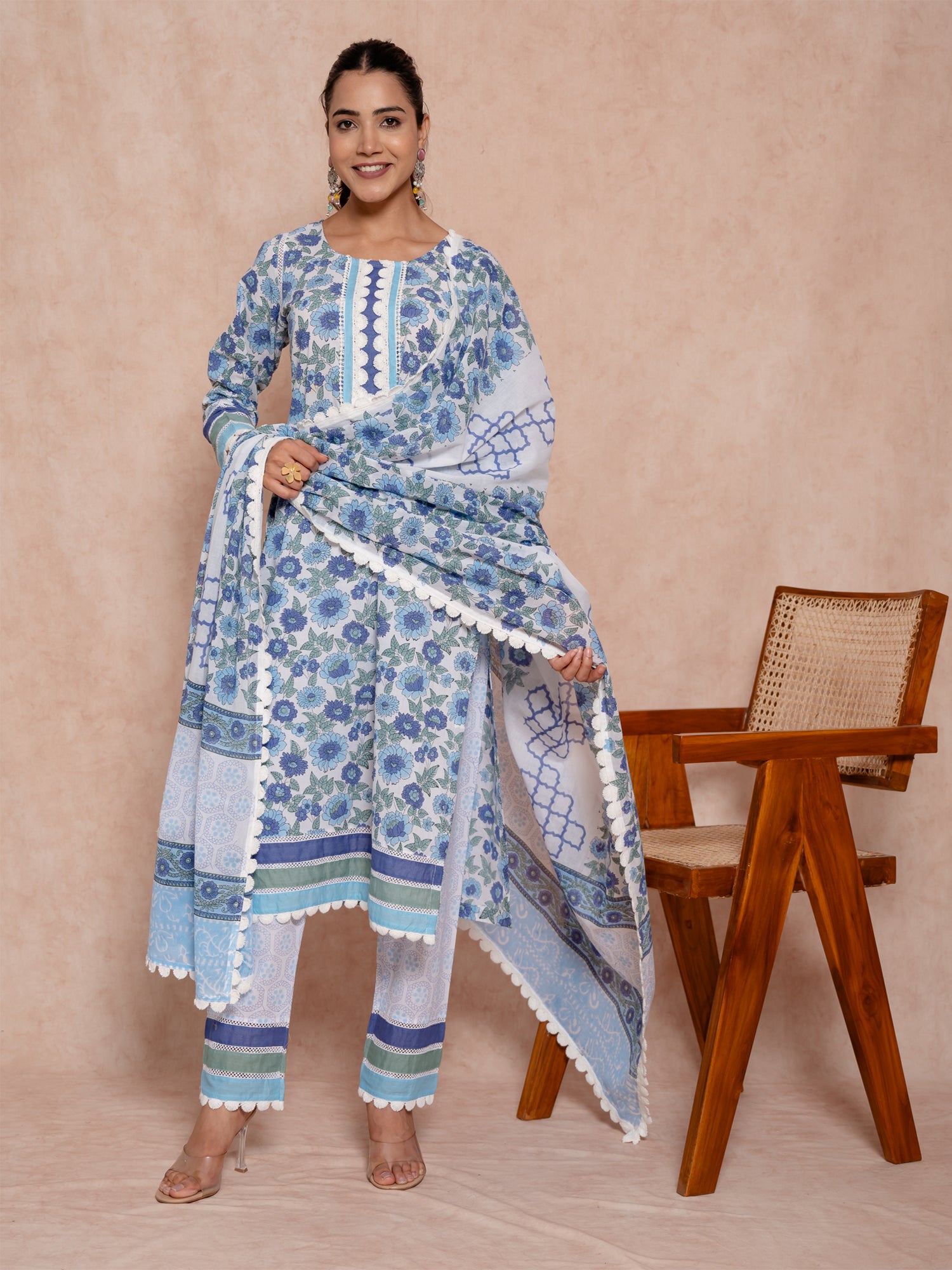 Blue Color Block Printed Cotton Suit Set