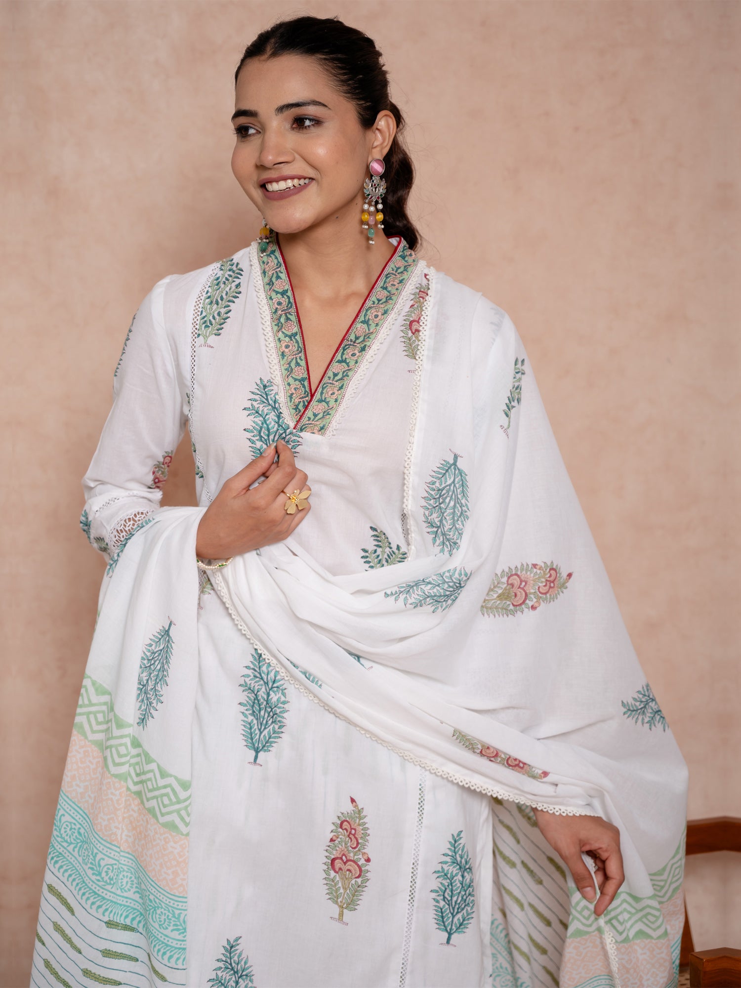 White Color Cotton Printed Suit Set