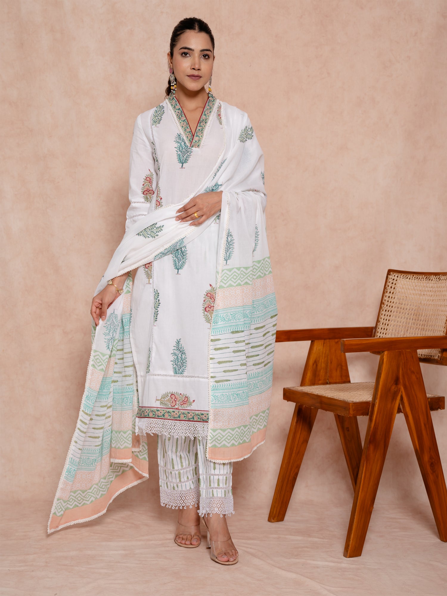 White Color Cotton Printed Suit Set