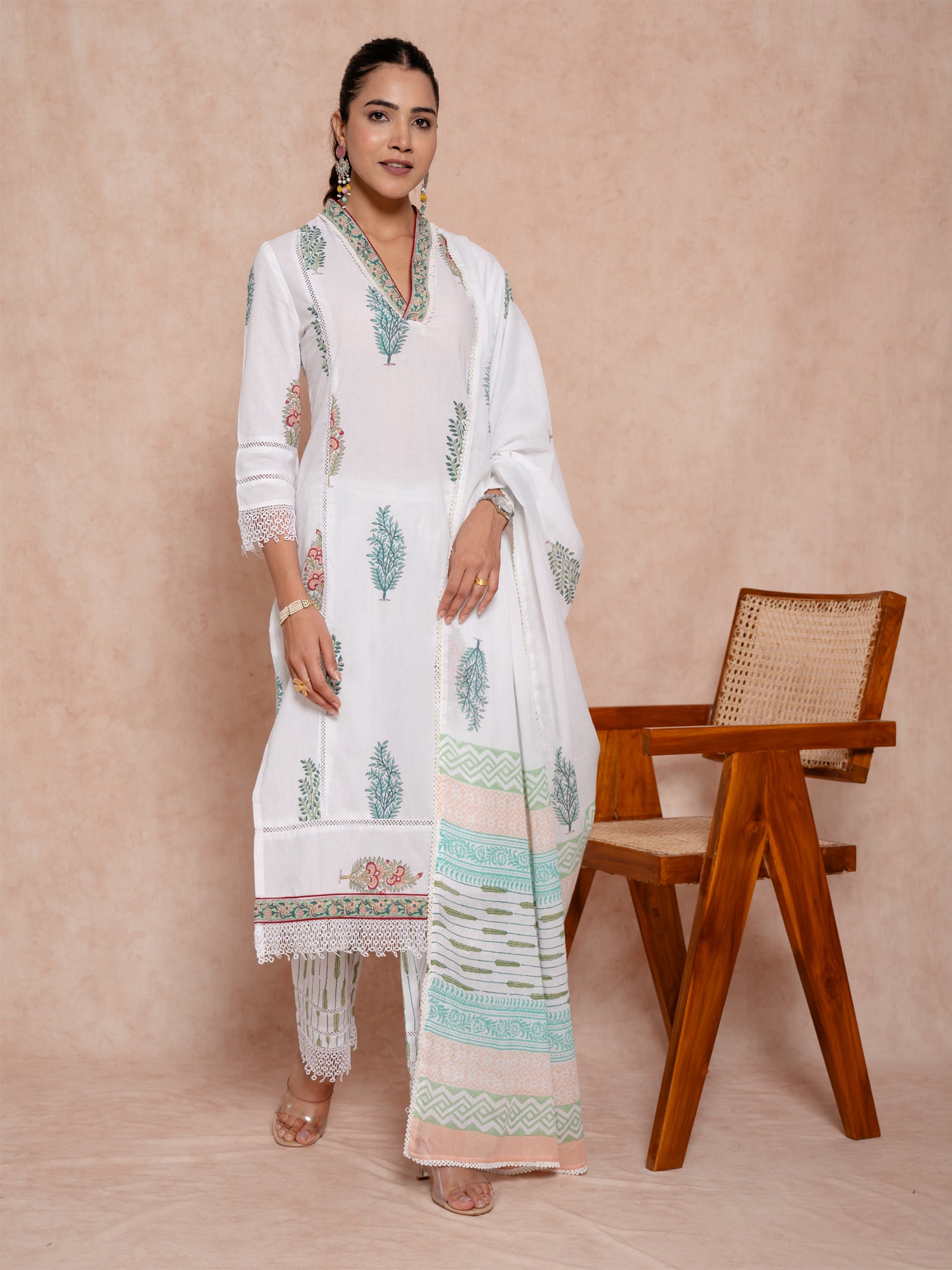 White Color Cotton Printed Suit Set