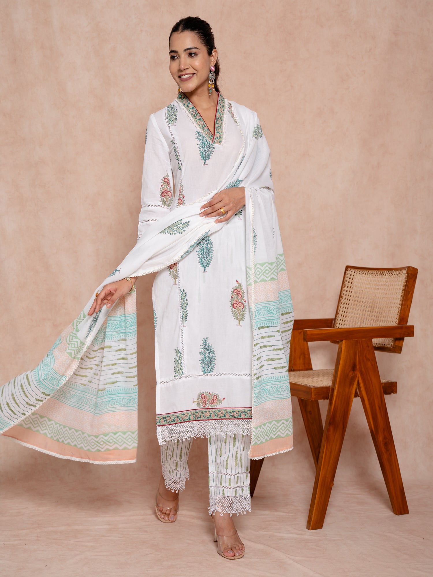 White Color Cotton Printed Suit Set