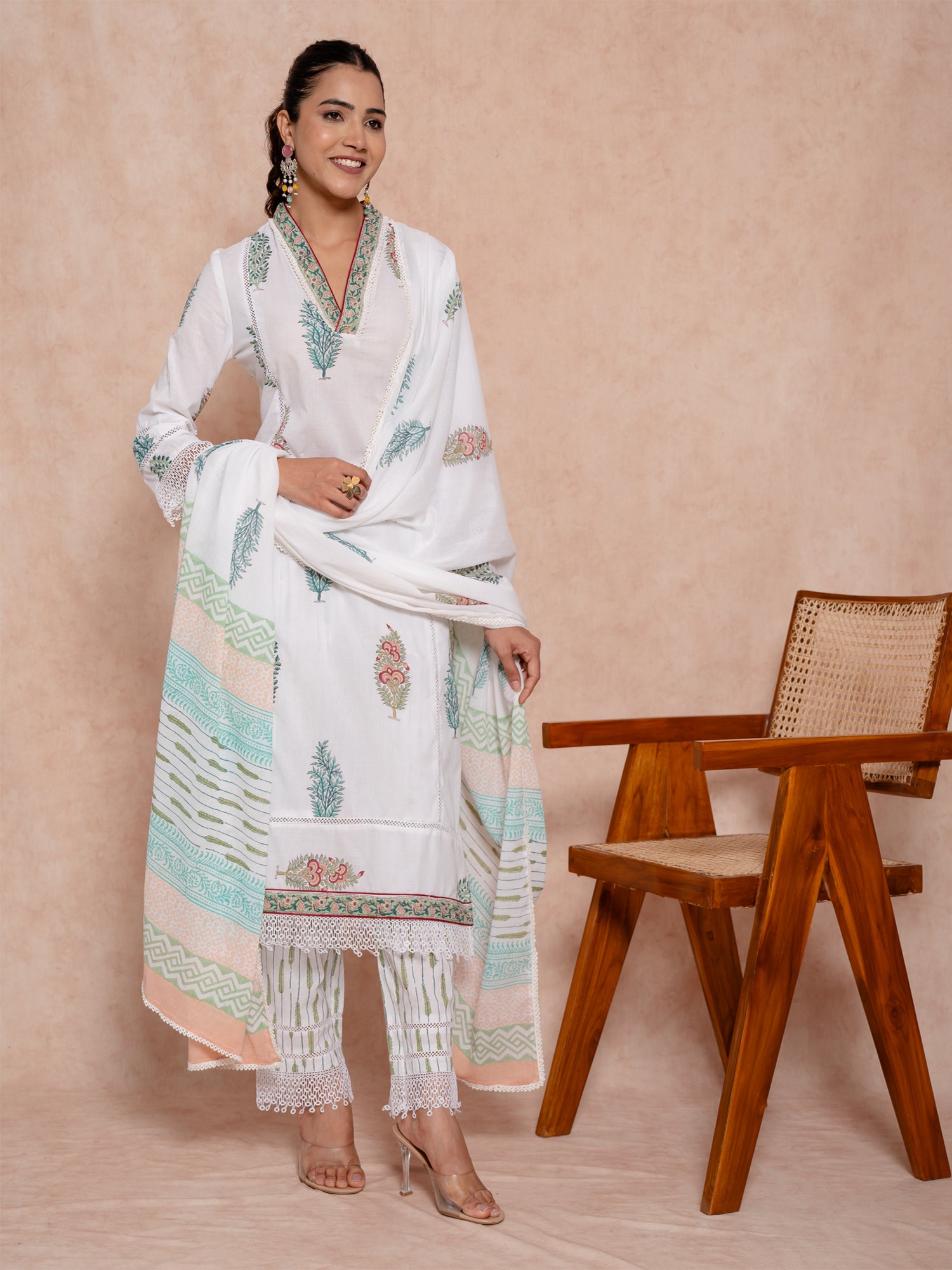 White Color Cotton Printed Suit Set