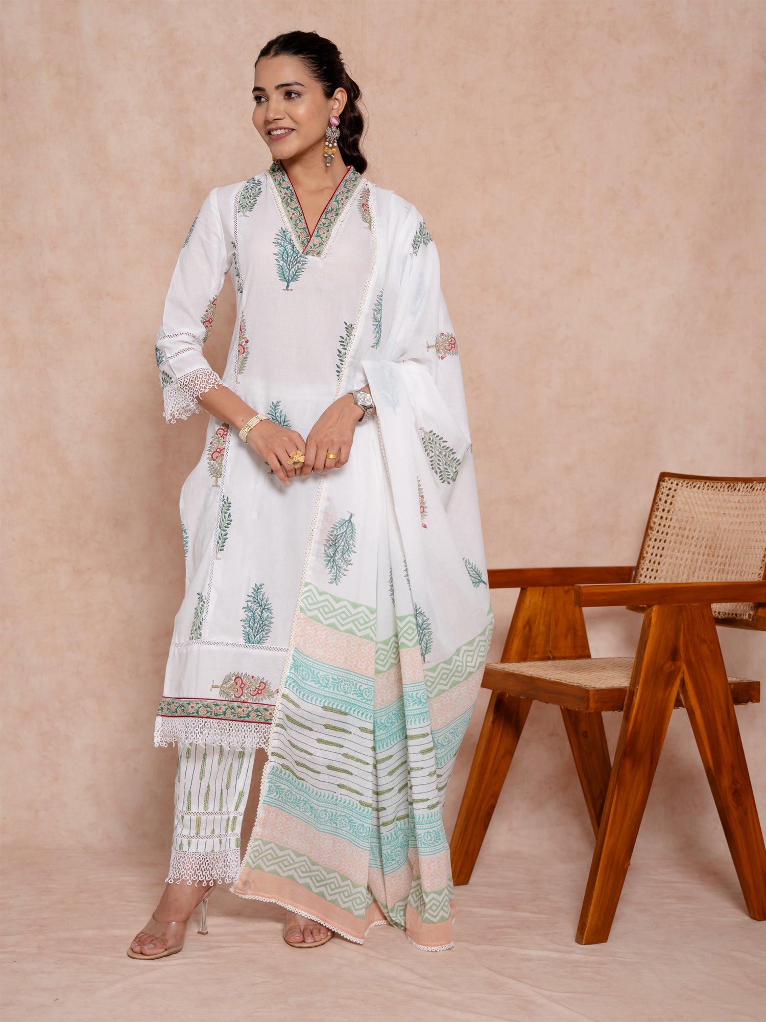 White Color Cotton Printed Suit Set