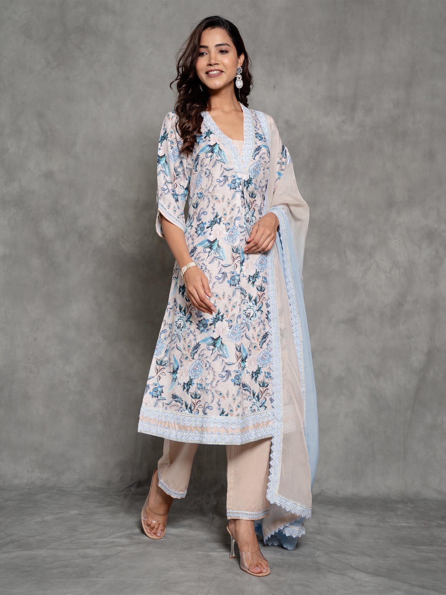 Cream Linen Floral Printed A Line Suit Set