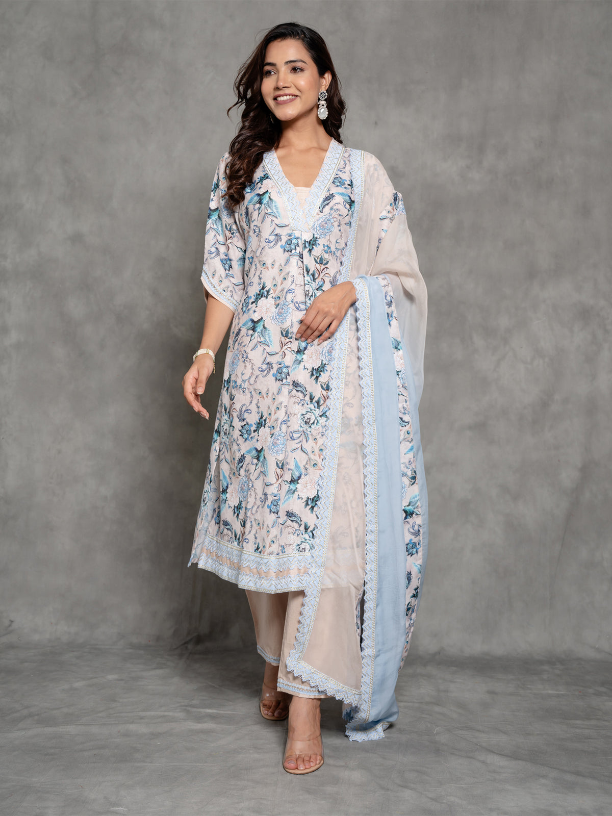 Cream Linen Floral Printed A Line Suit Set