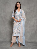 Cream Linen Floral Printed A Line Suit Set