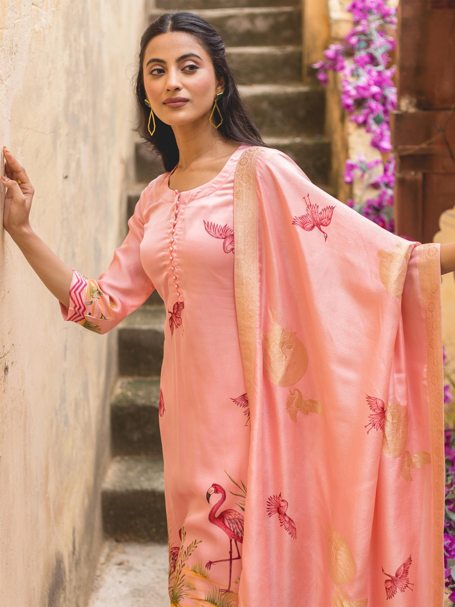 Rose Pink Handpainted Modal Satin Suit Set