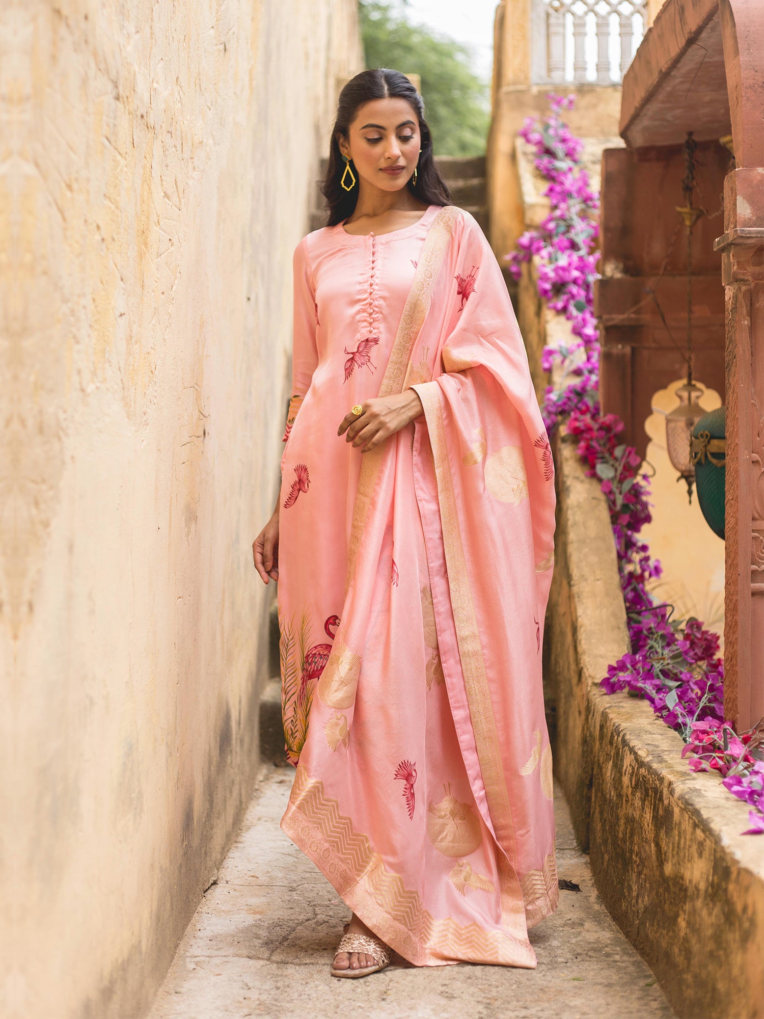 Rose Pink Handpainted Modal Satin Suit Set